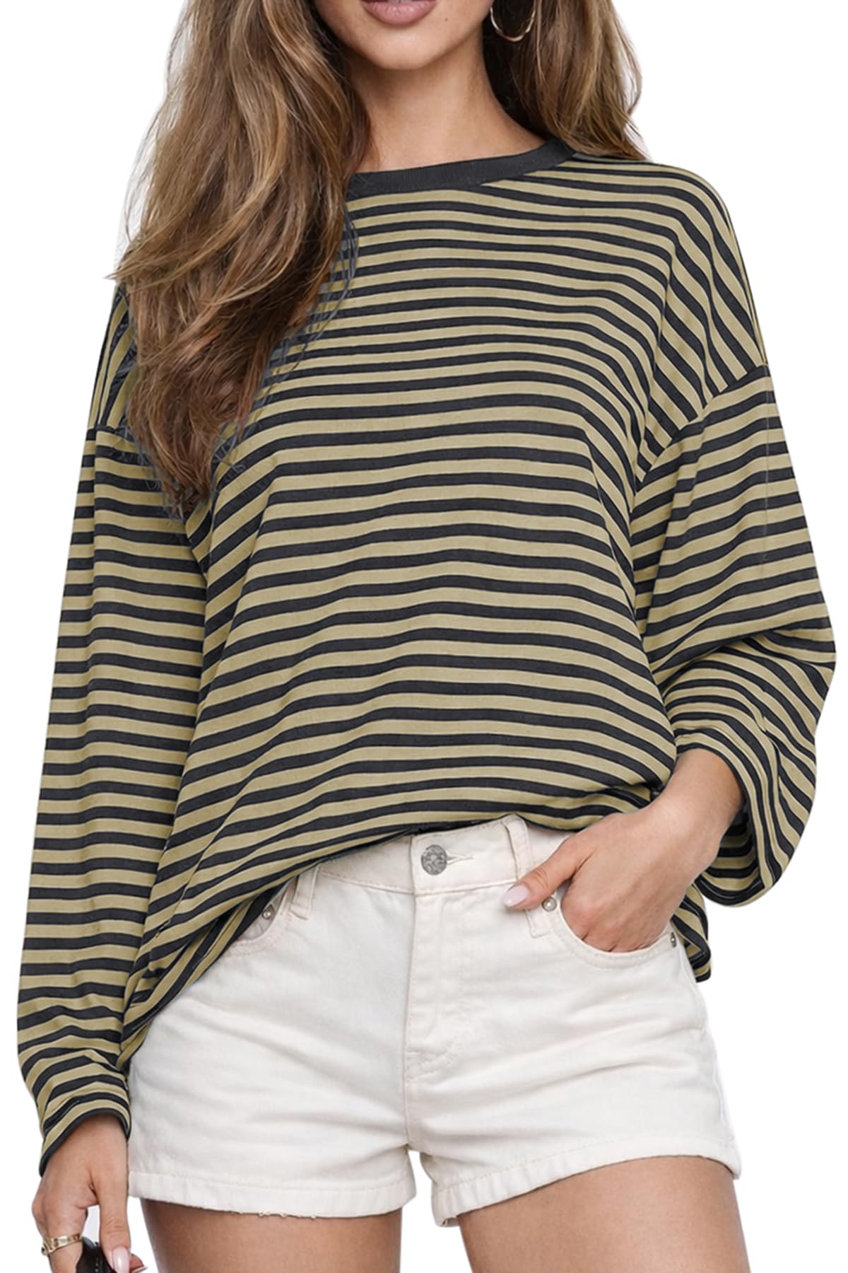CHYRII Womens Oversized Striped Long Sleeve T Shirt Casual Fall Tops