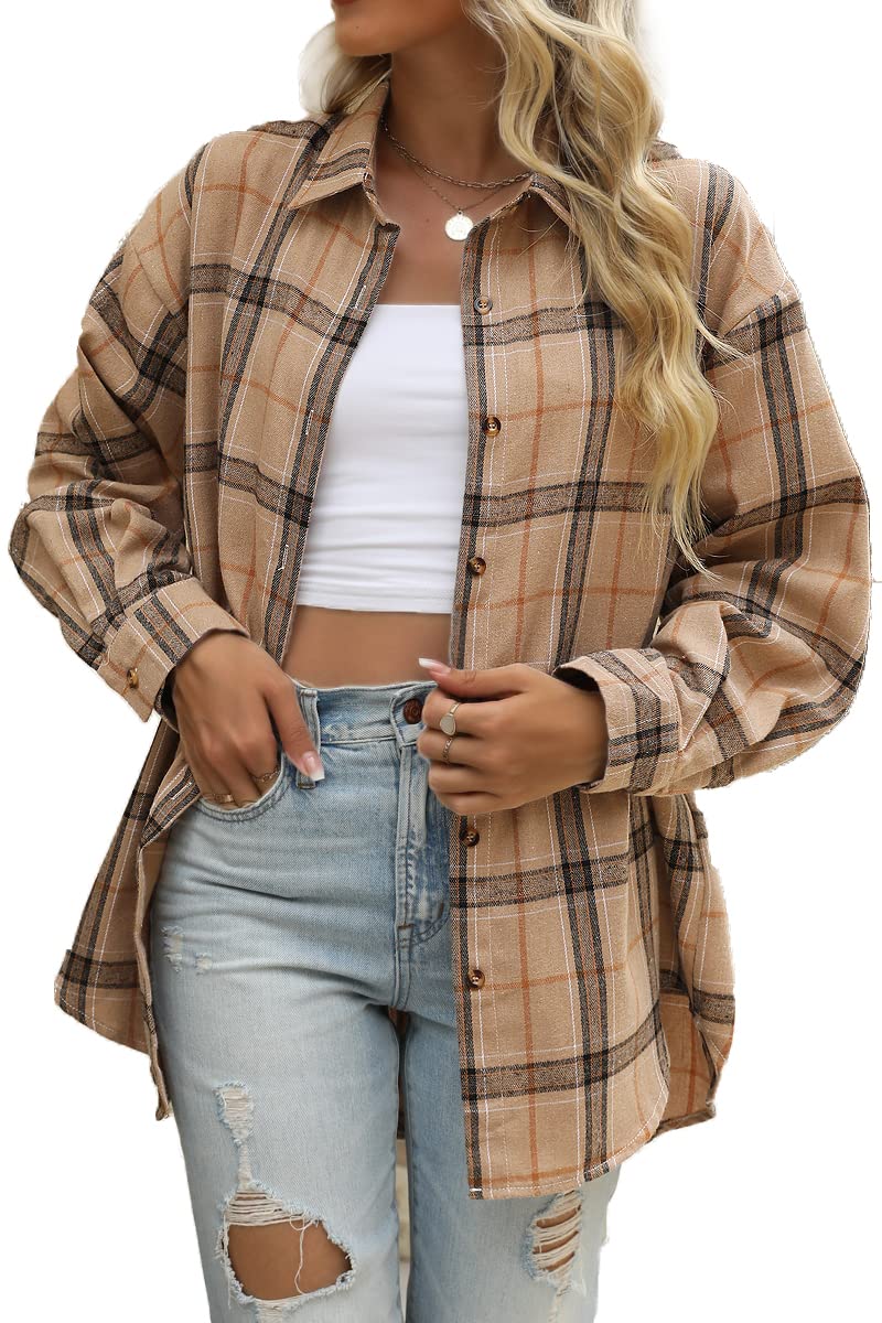 CHYRII Womens Button Down Flannel Shirts Long Sleeve Plaid Shackets Business Casual Blouse Top