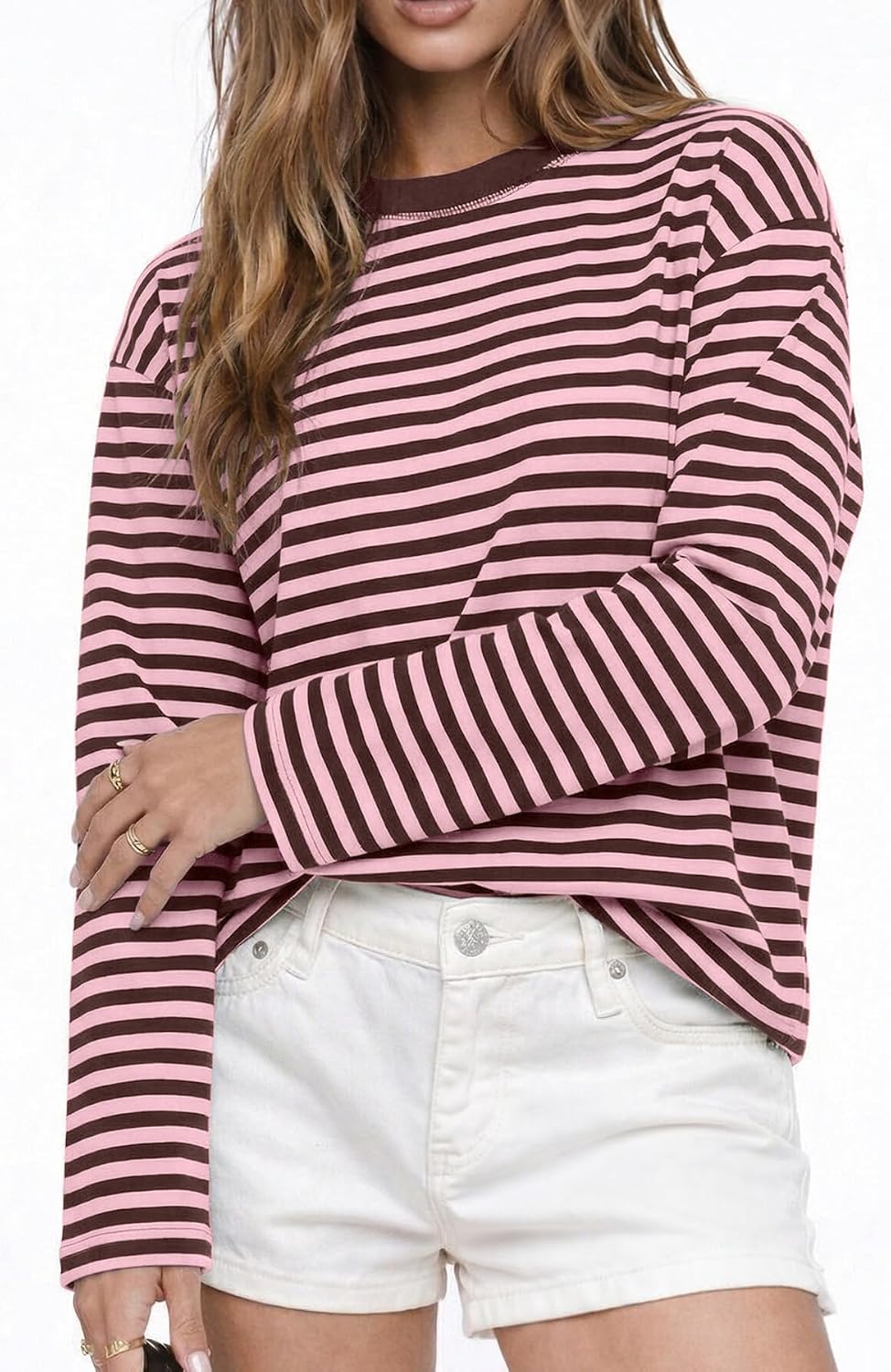 CHYRII Womens Oversized Striped Long Sleeve T Shirt Casual Fall Tops