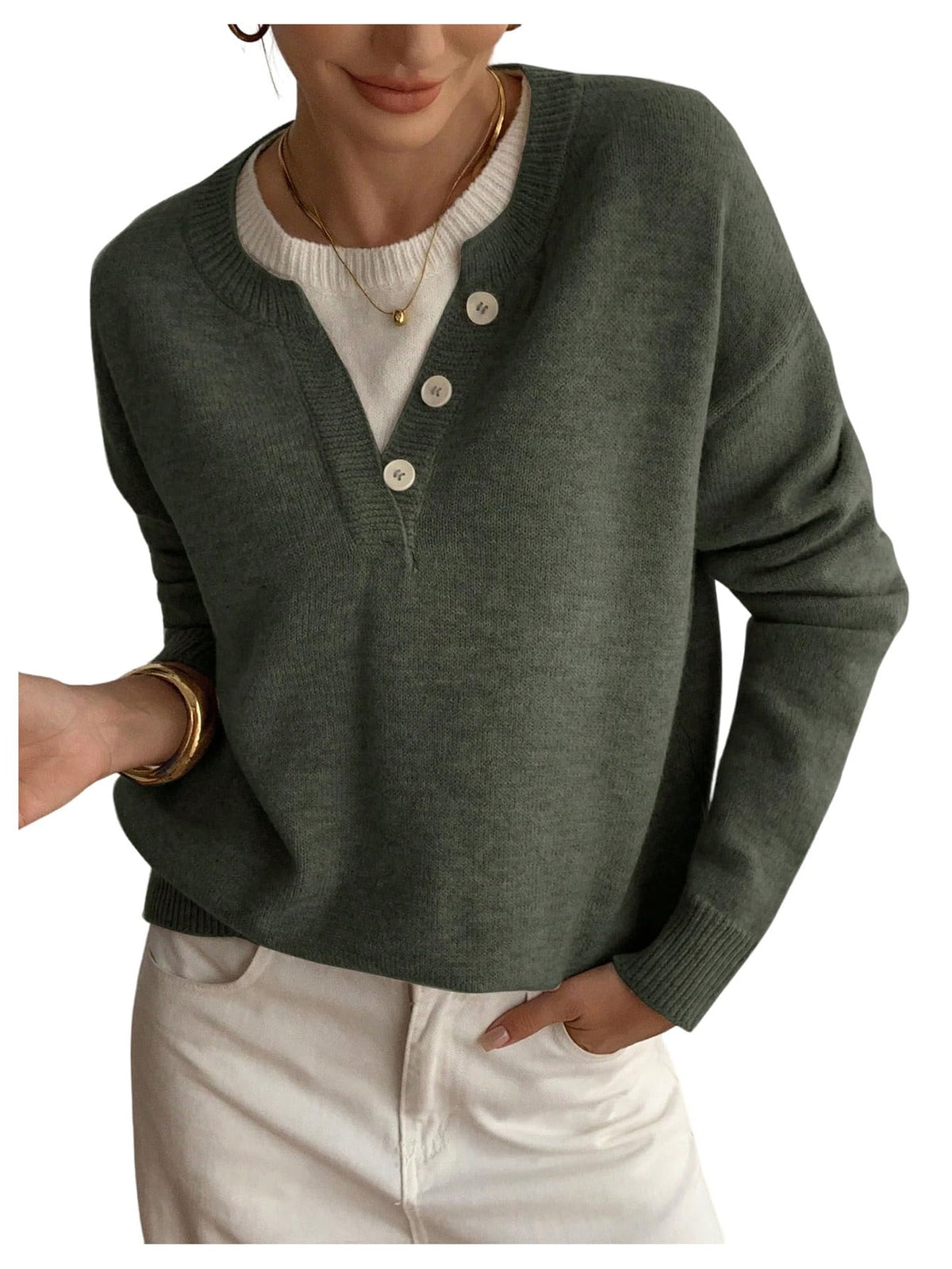 SOLY HUX Pullover Henley Sweaters for Women Long Sleeve Business Casual Top