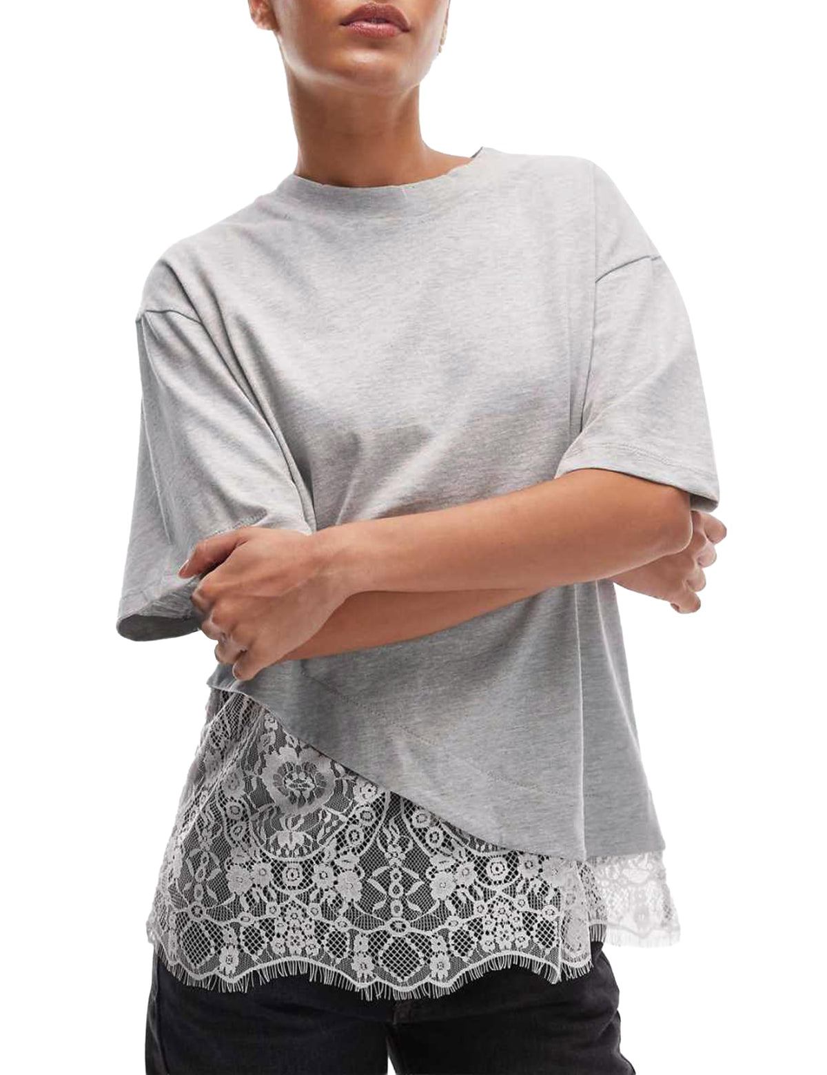 Womens Lace Patchwork Tops Casual Short Sleeve Cotton T Shirts