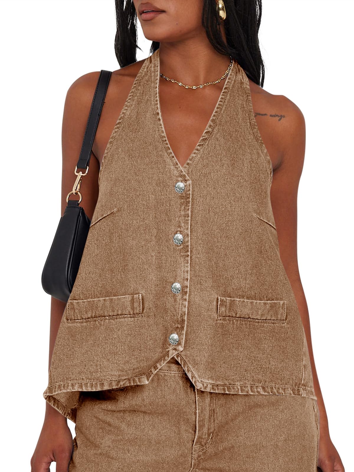 Tankaneo Womens Halter Denim Vest Top Summer Sleeveless Open Back Waistcoat