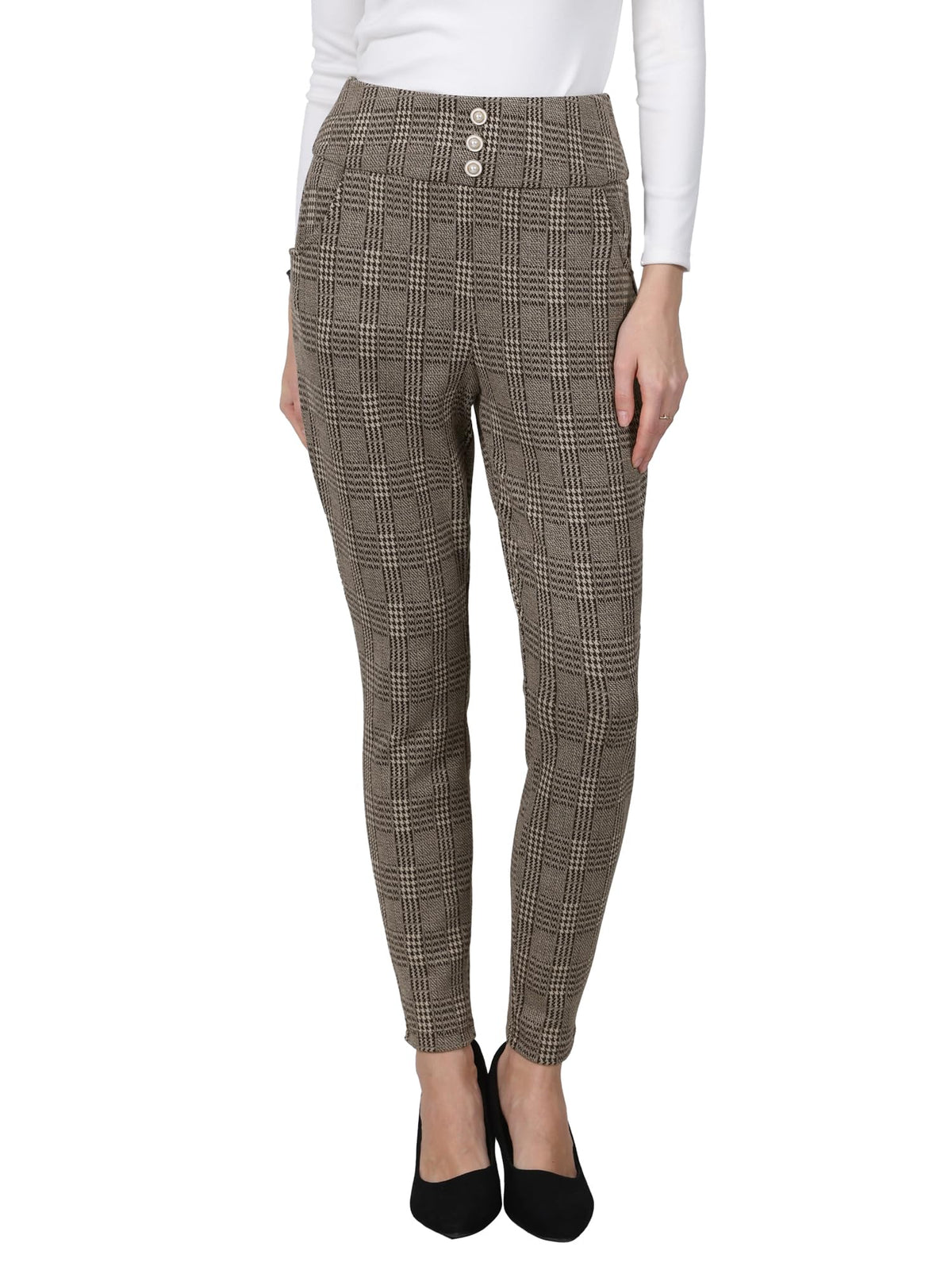 Hobemty Women Plaid Houndstooth High Waist Casual Work Skinny Pants