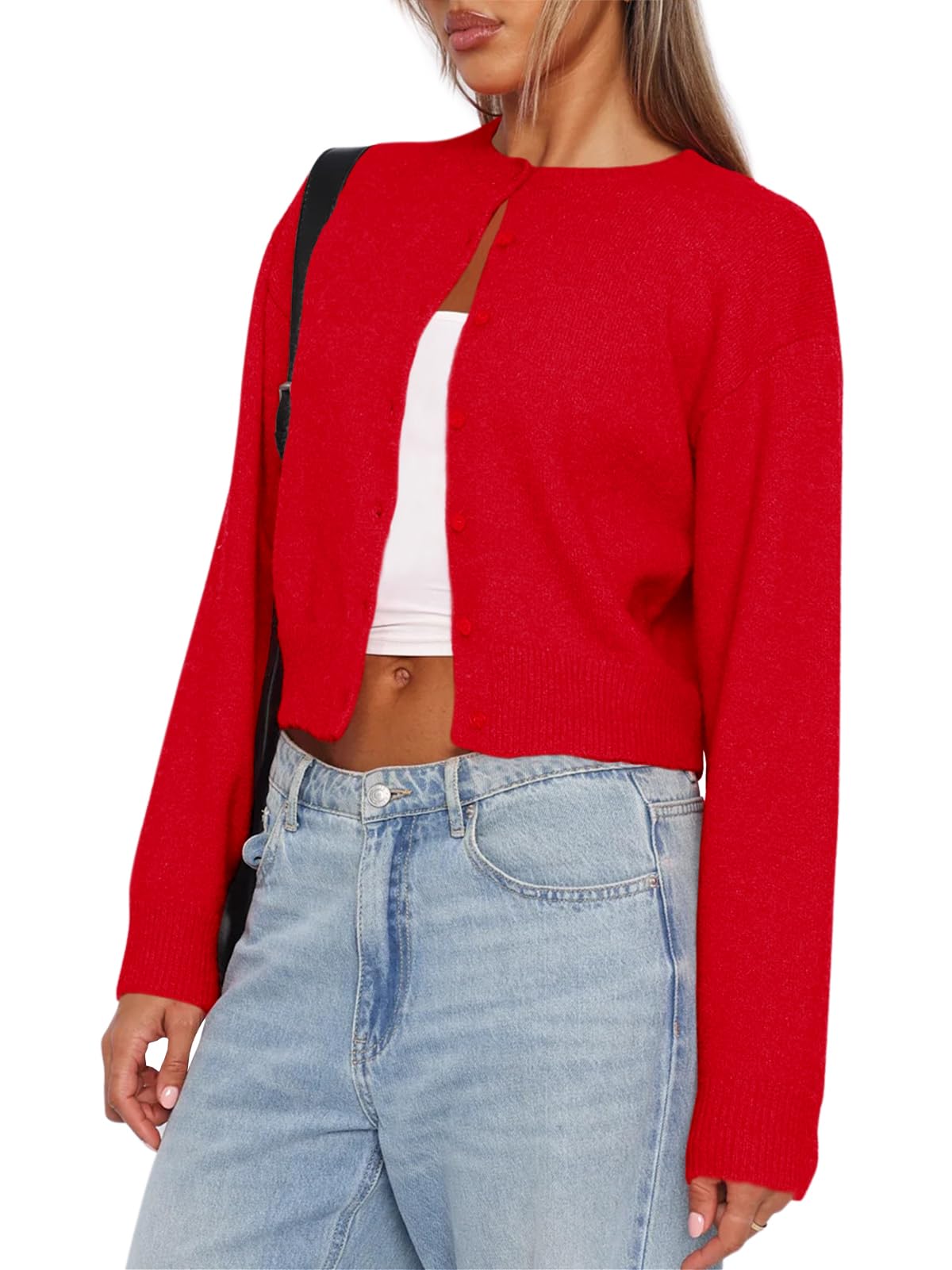 Balimtoy Womens Cropped Cardigan Long Sleeve Button Up Sweaters | Soft Knit Cardigan, Crew Neck, Button Down, Casual for Office Work, Teacher Outfit, Trendy Sweater for Fall, Spring 2026