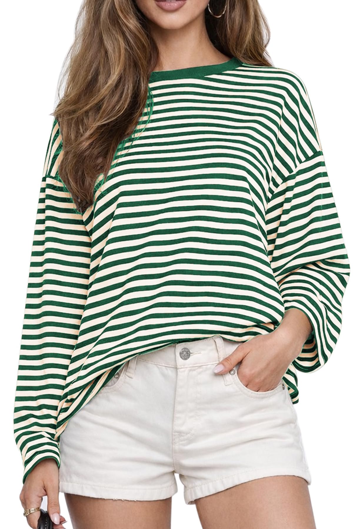 CHYRII Womens Oversized Striped Long Sleeve T Shirt Casual Fall Tops