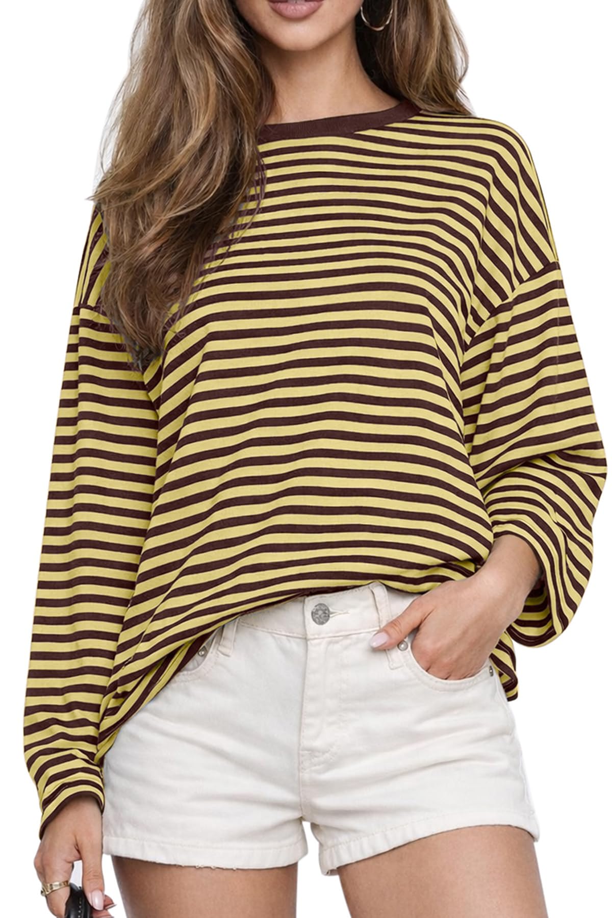CHYRII Womens Oversized Striped Long Sleeve T Shirt Casual Fall Tops