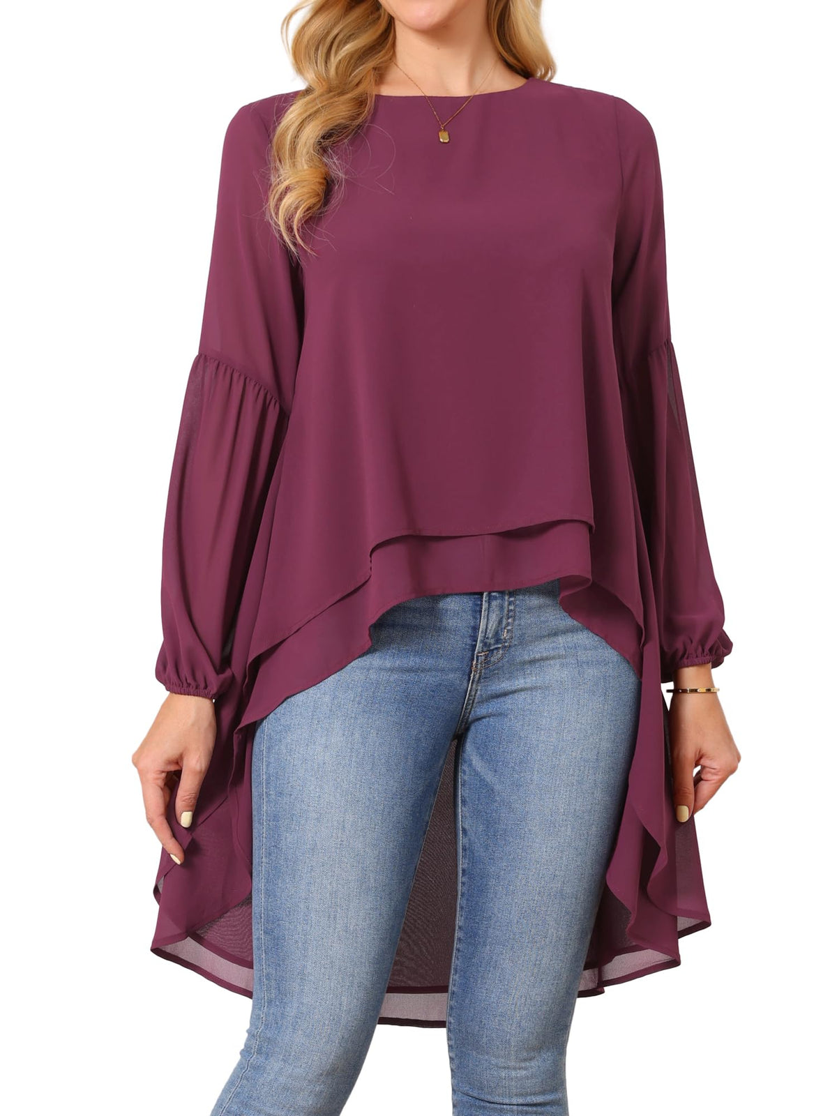 Seta T Women's High Low Tops Lantern Sleeve Dressy Casual Chiffon Blouse