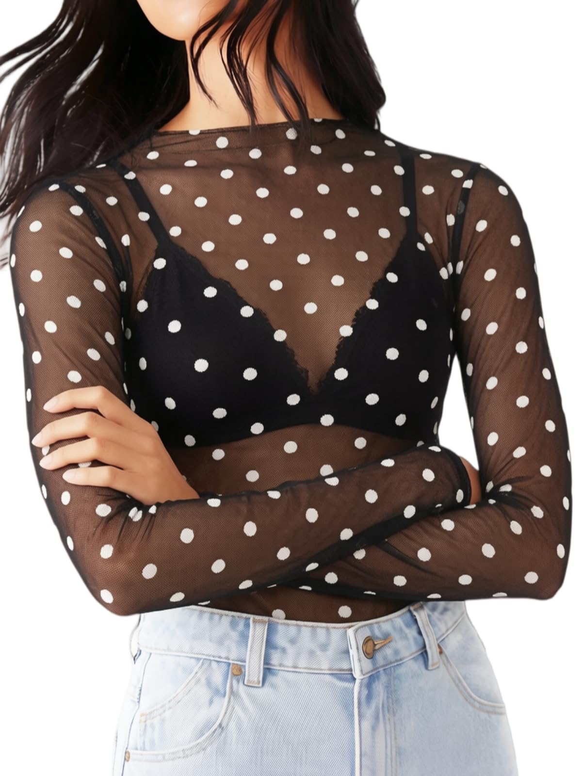 KMBANGI Women's Mesh Lace Long Sleeve Top Mock Neck Sheer Layering Tops