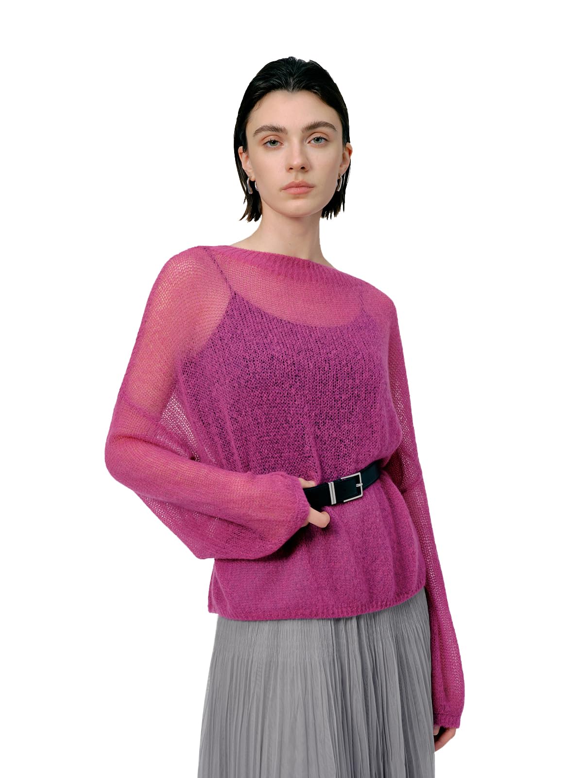 Silk Cashmere Blend Sweater for Women, Lightweight Crewneck Knit Pullover Jumper for Spring Layering