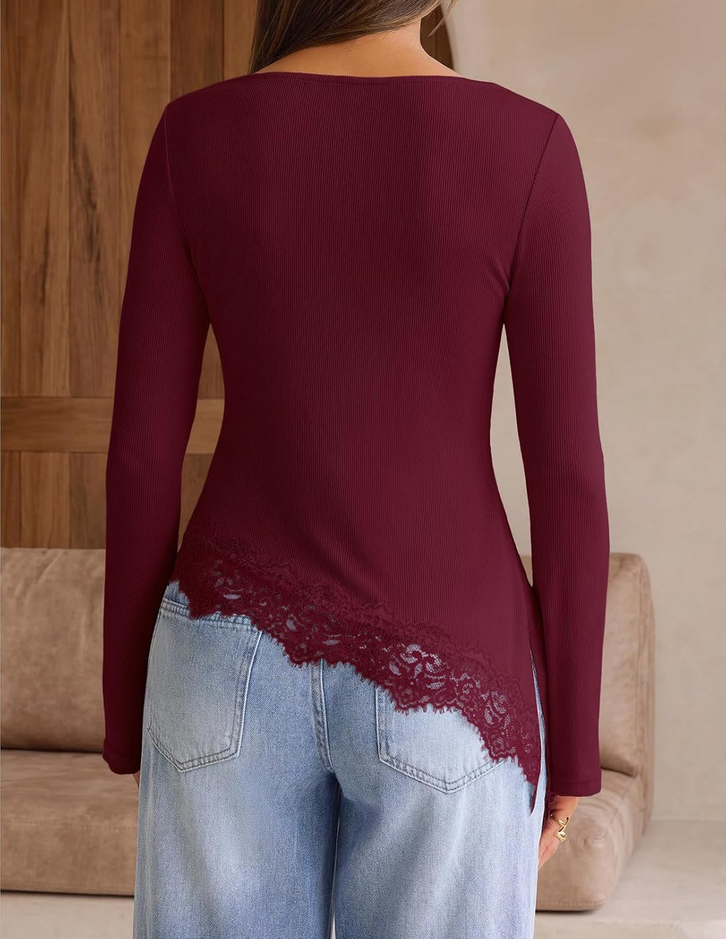 MEROKEETY Women's Fall Asymmetrical Lace Boat Neck Long Sleeve Ribbed Tops