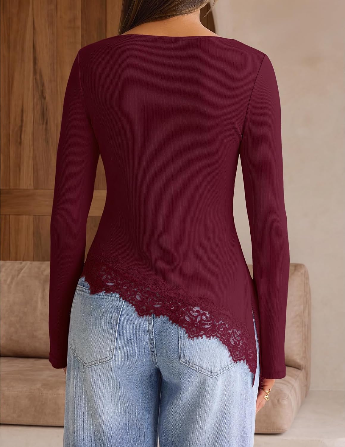 MEROKEETY Women's Fall Asymmetrical Lace Boat Neck Long Sleeve Ribbed Tops