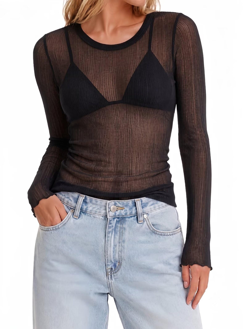 Sunzel Women's Sheer Long Sleeve Fitted Mesh Layering Top for Bralette