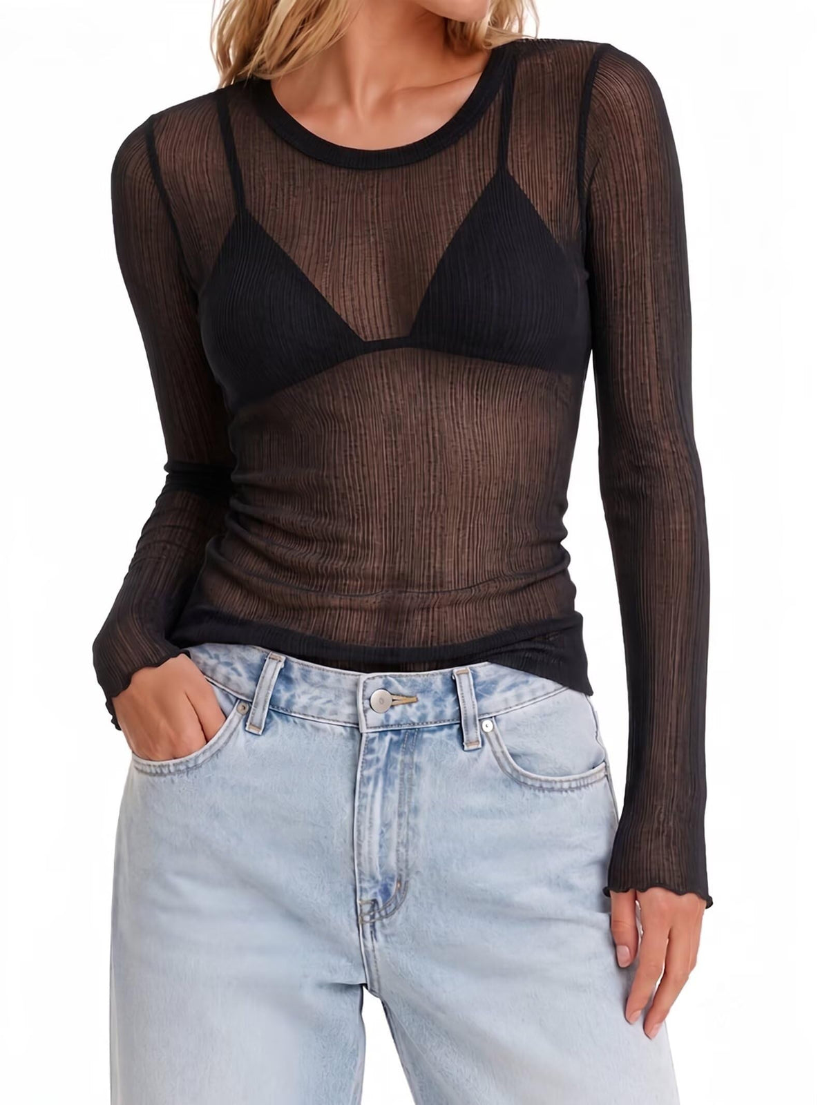 Sunzel Women's Sheer Long Sleeve Fitted Mesh Layering Top for Bralette