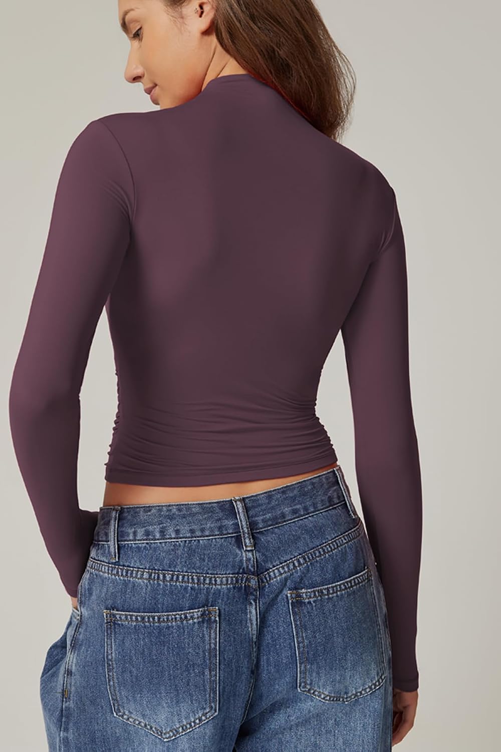 QINSEN Womens Mock Neck Long Sleeve Shirt Double Lined Basic Tees Side Ruched Going Out Crop Tops