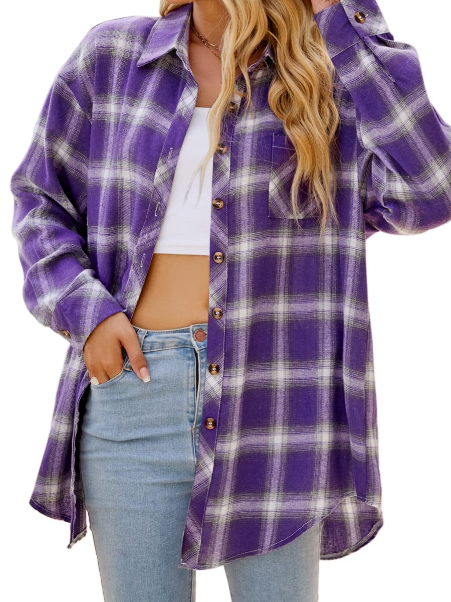 CHYRII Womens Button Down Flannel Shirts Long Sleeve Plaid Shackets Business Casual Blouse Top