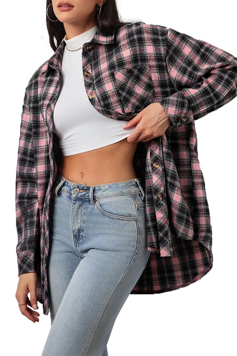 CHYRII Womens Button Down Flannel Shirts Long Sleeve Plaid Shackets Business Casual Blouse Top