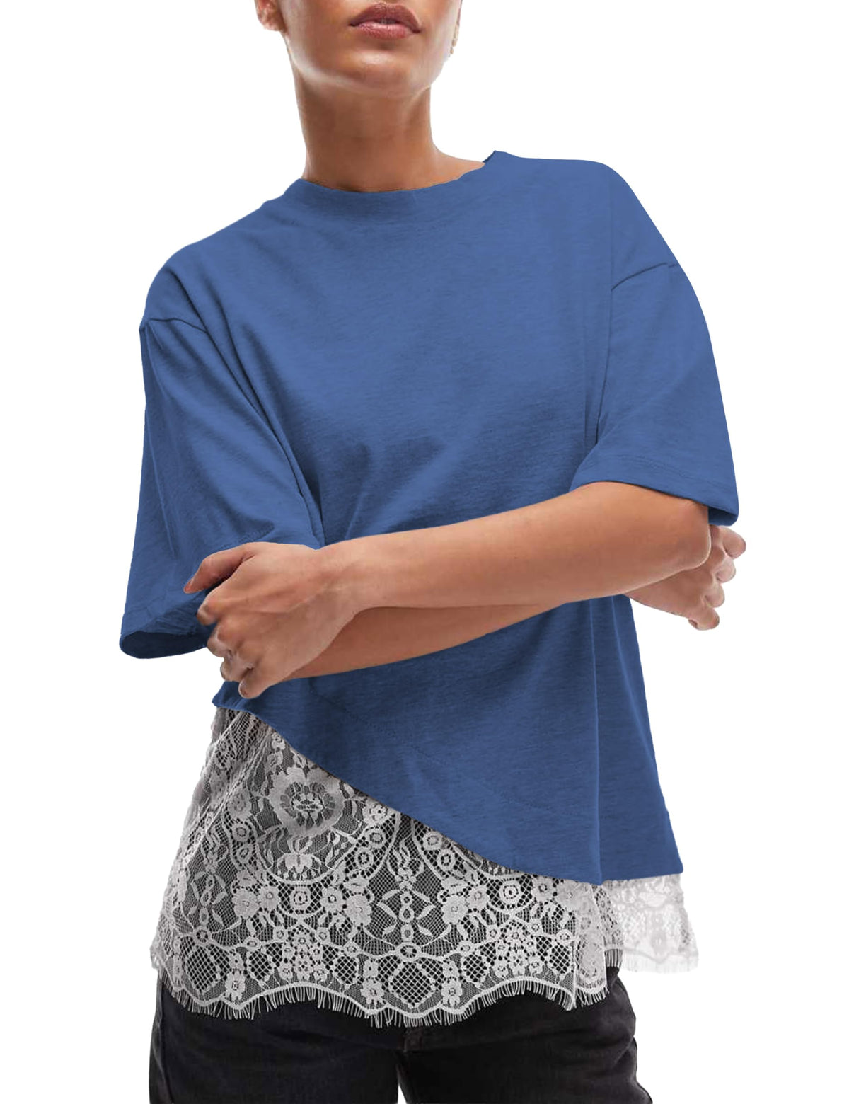 Womens Lace Patchwork Tops Casual Short Sleeve Cotton T Shirts