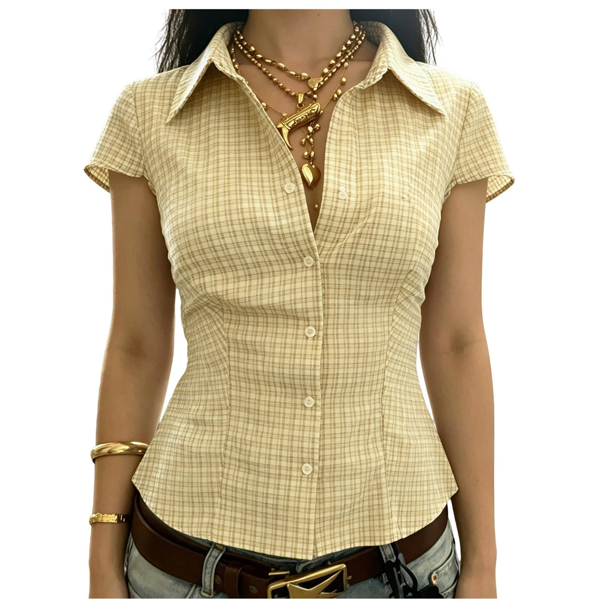 Women Short Sleeve Plaid Button Up Shirt Y2K Button Down Collared Blouse Summer Vintage Slim Fit Gingham Top