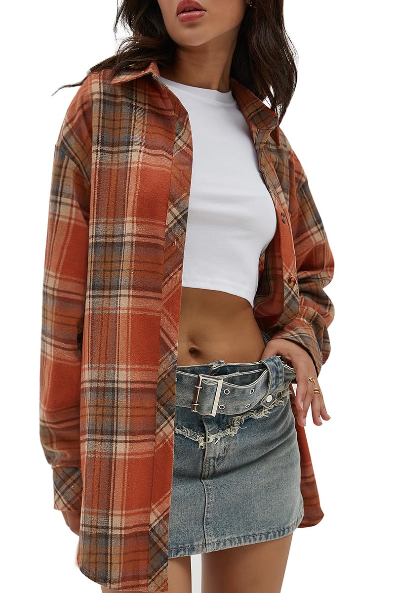 CHYRII Womens Button Down Flannel Shirts Long Sleeve Plaid Shackets Business Casual Blouse Top