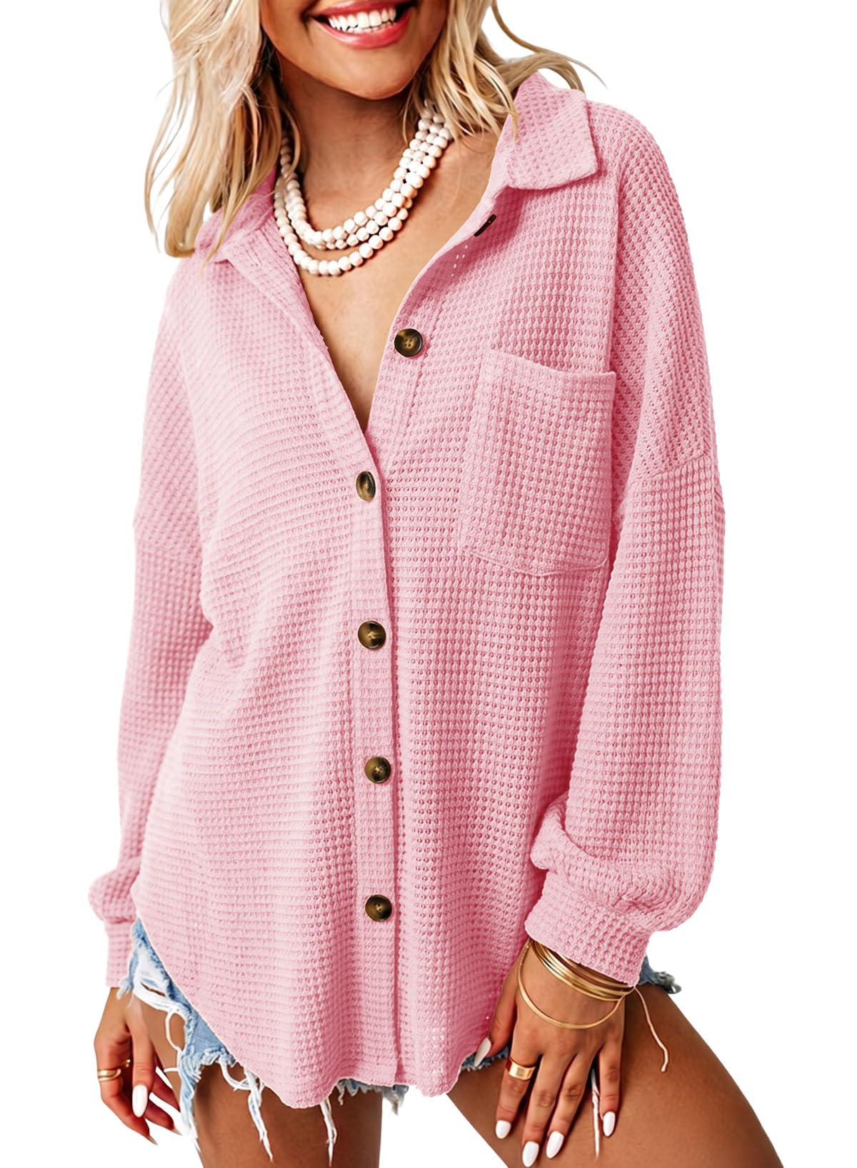Dokotoo Womens Waffle Knit Shacket Jacket Casual Button Down Shirts Tops