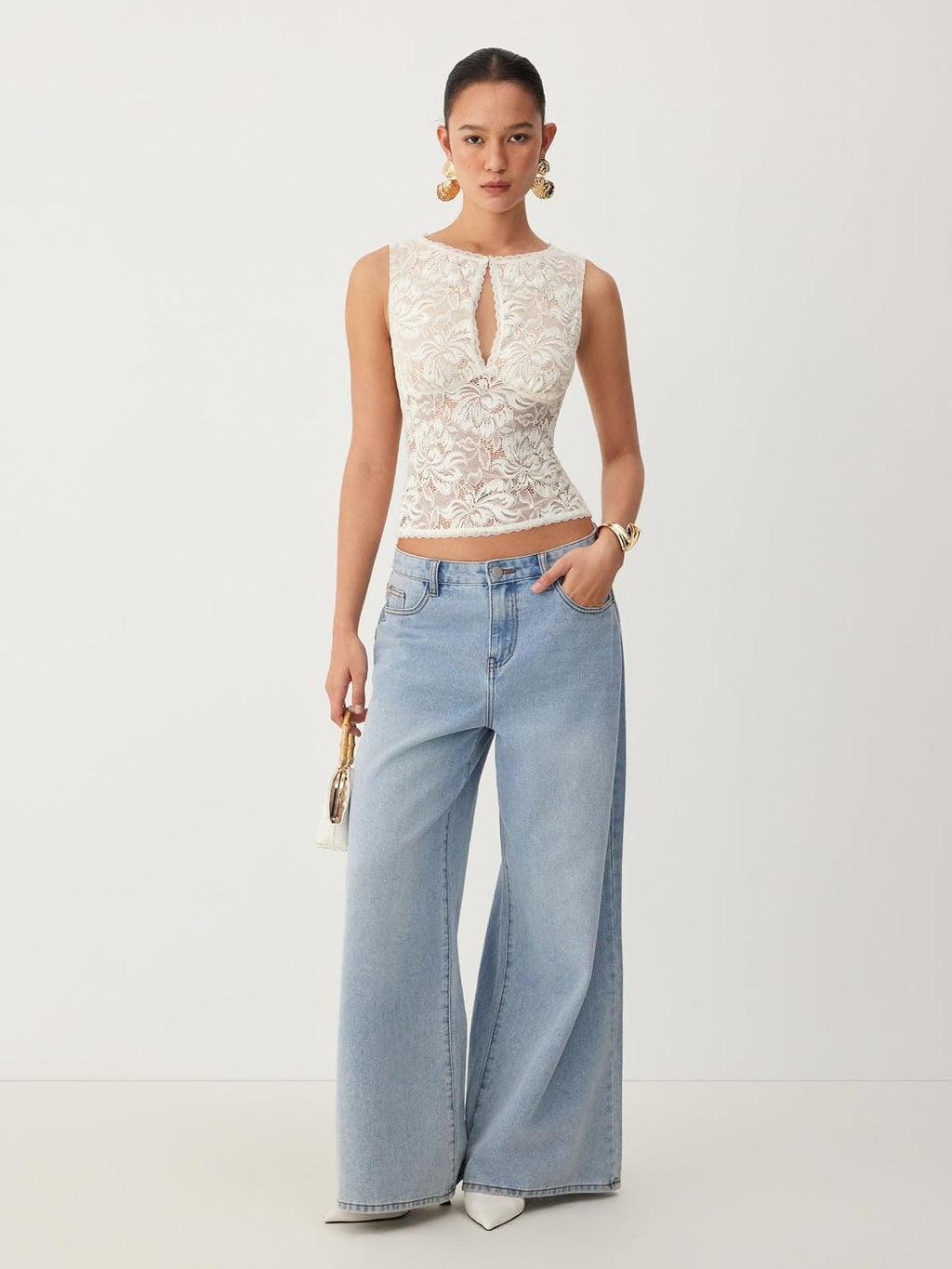 CIDER Womens Sheer Lace Boat Neck Sleeveless Top