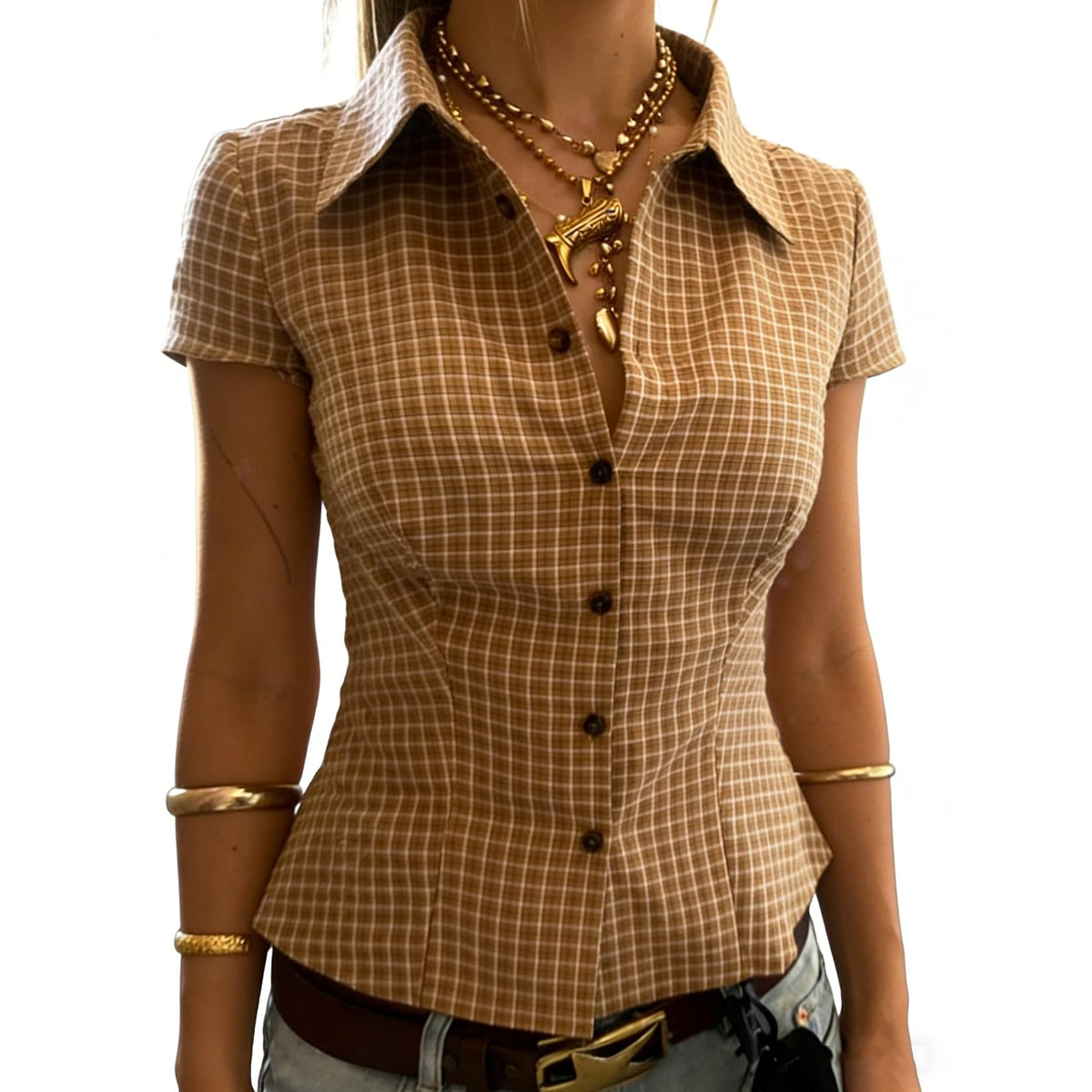Women Y2k Gingham Button Down Shirt Cute V Neck Collared Slim Fit Short Sleeve Cinch Waist Tshirt Retro Going Out Top