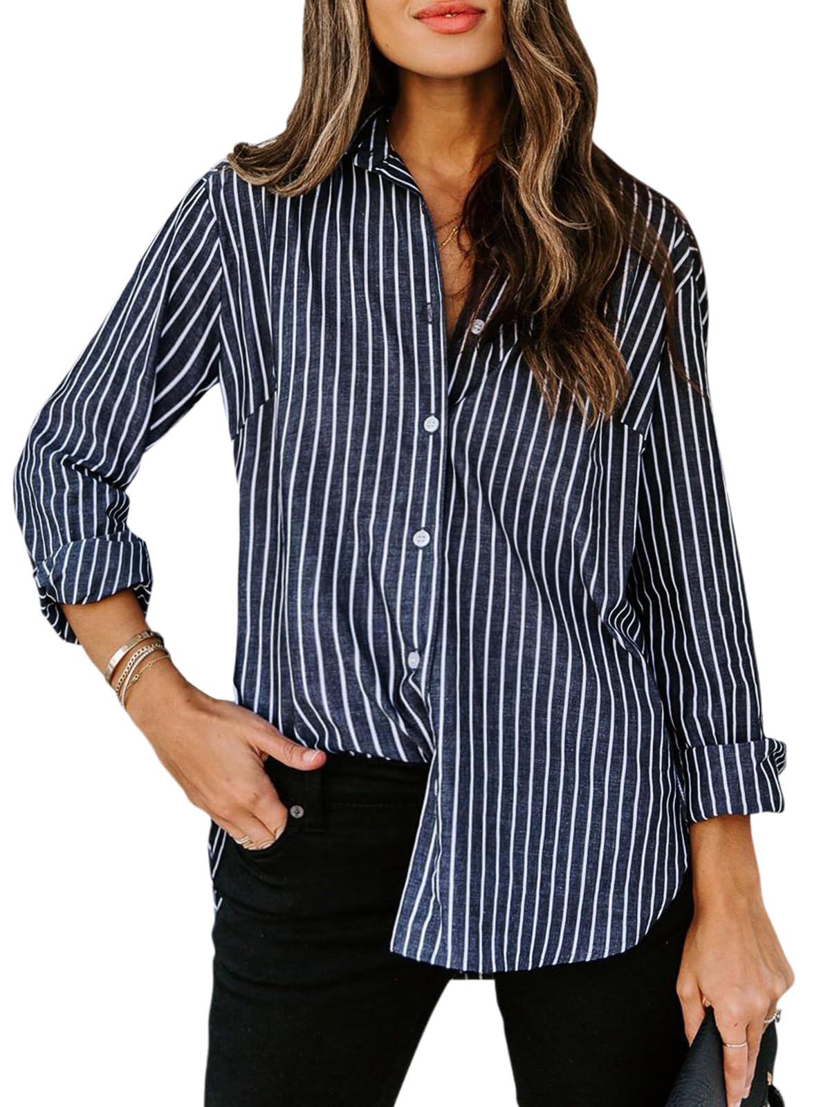 siliteelon Striped Button Down Shirts Women Cotton Long Sleeve Work Blouses