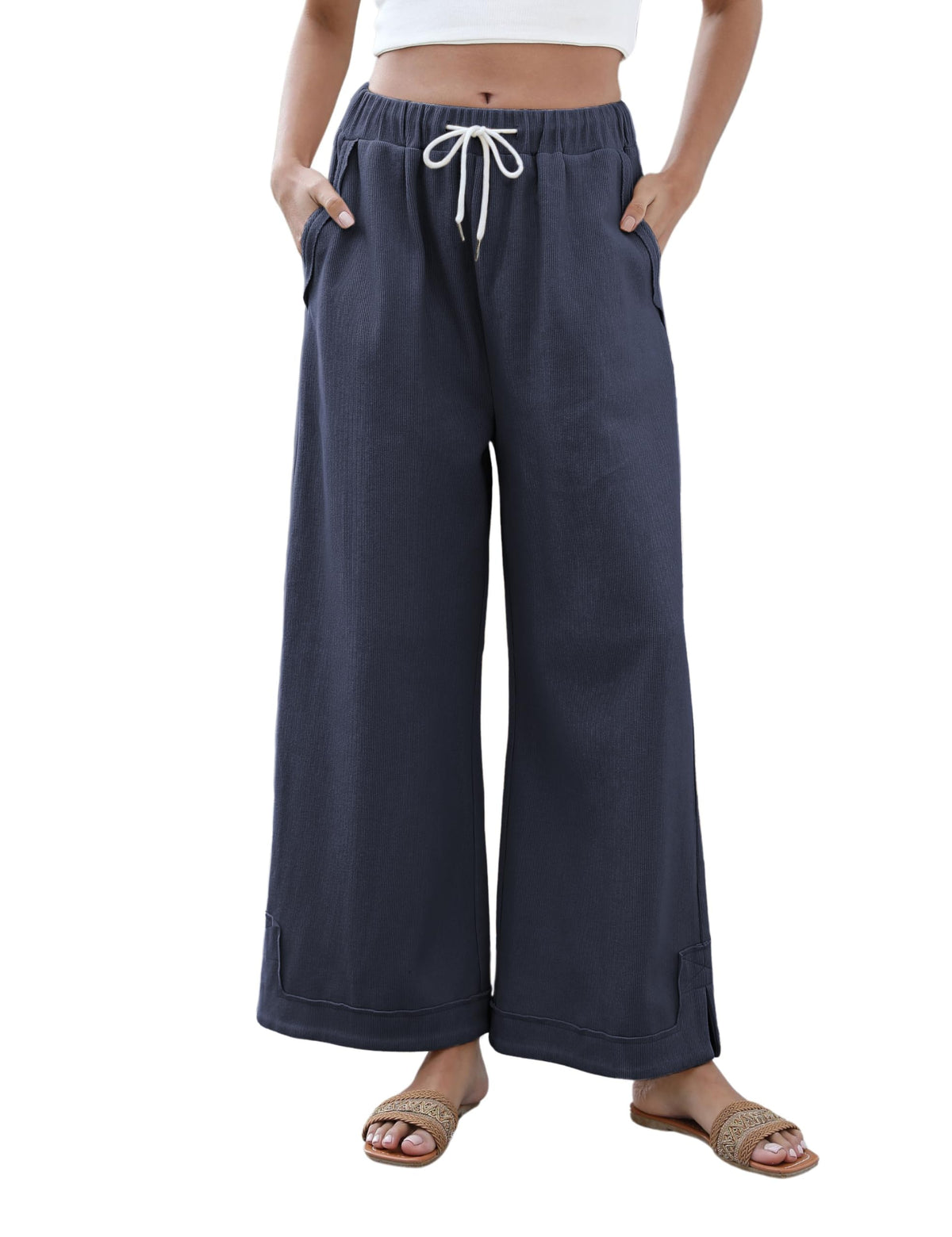 Athlisan Womens Baggy Wide Leg Palazzo Pants Casual Loose Drawstring Elastic Waisted Lounge Trousers with Pockets