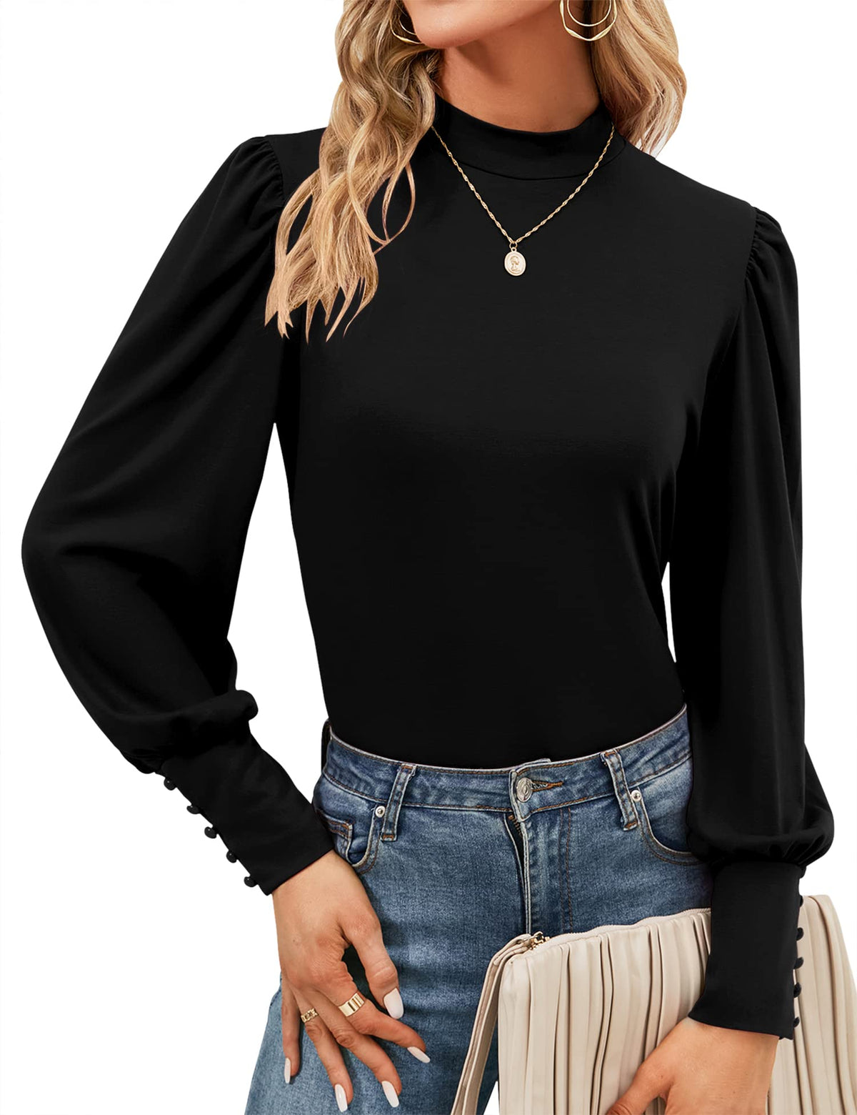 Mock Neck Tops for Womens Turtleneck Puff Long Sleeve Shirts Blouses