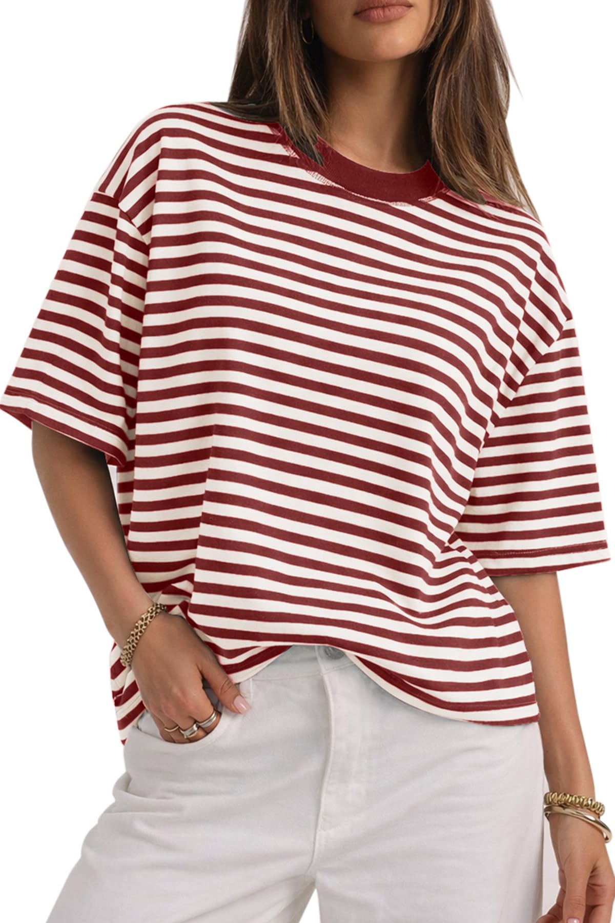 CHYRII Womens Oversized Striped T Shirts Short Sleeve Fashion 2026 Casual Crewneck Summer Y2K Clothes