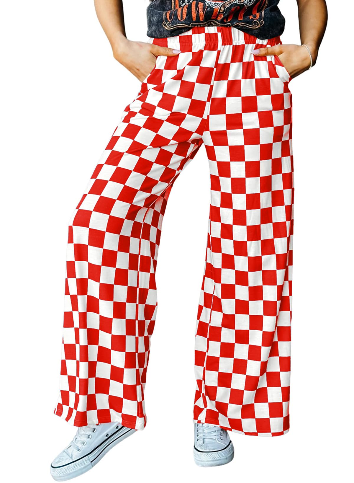 IWOLLENCE Women's Casual Loose Checkered Wide Leg Pants High Waist Straight Lounge Y2K Gingham Trousers
