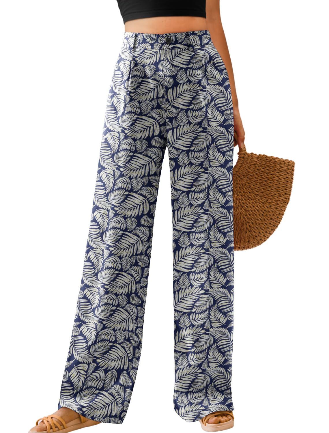 Feiersi Womens Casual Wide Leg Pants High Waisted Button Down Straight Long Trousers Palazzo Pants