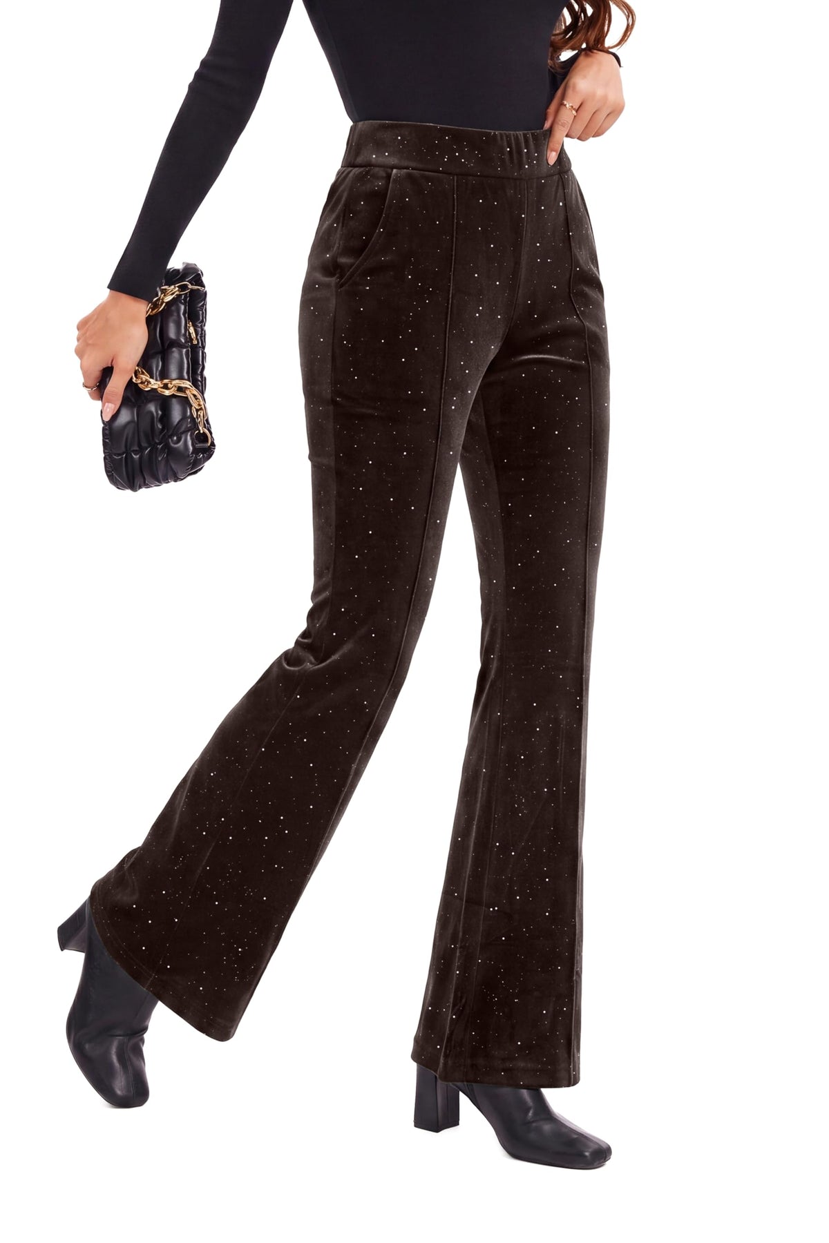 FUNYYZO Velvet Pants Women Flare Pull On Elastic Waist Holiday Outfits