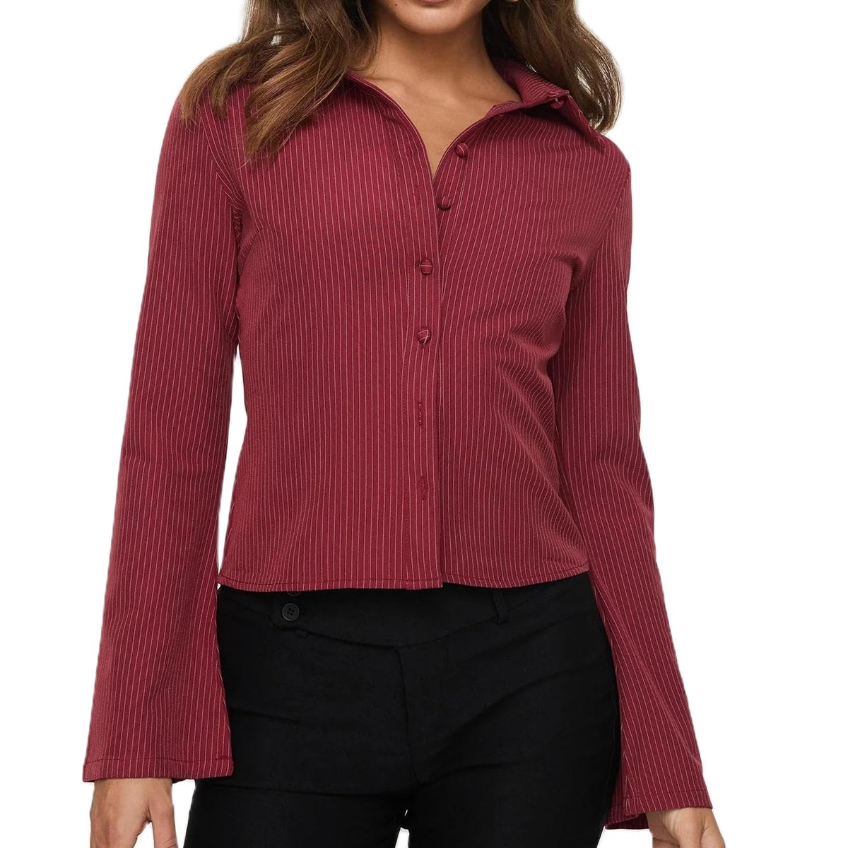 Women Pinstripe Shirt Flared Long Sleeves Button Down Fitted Crop Shirts Blouses Business Casual Top