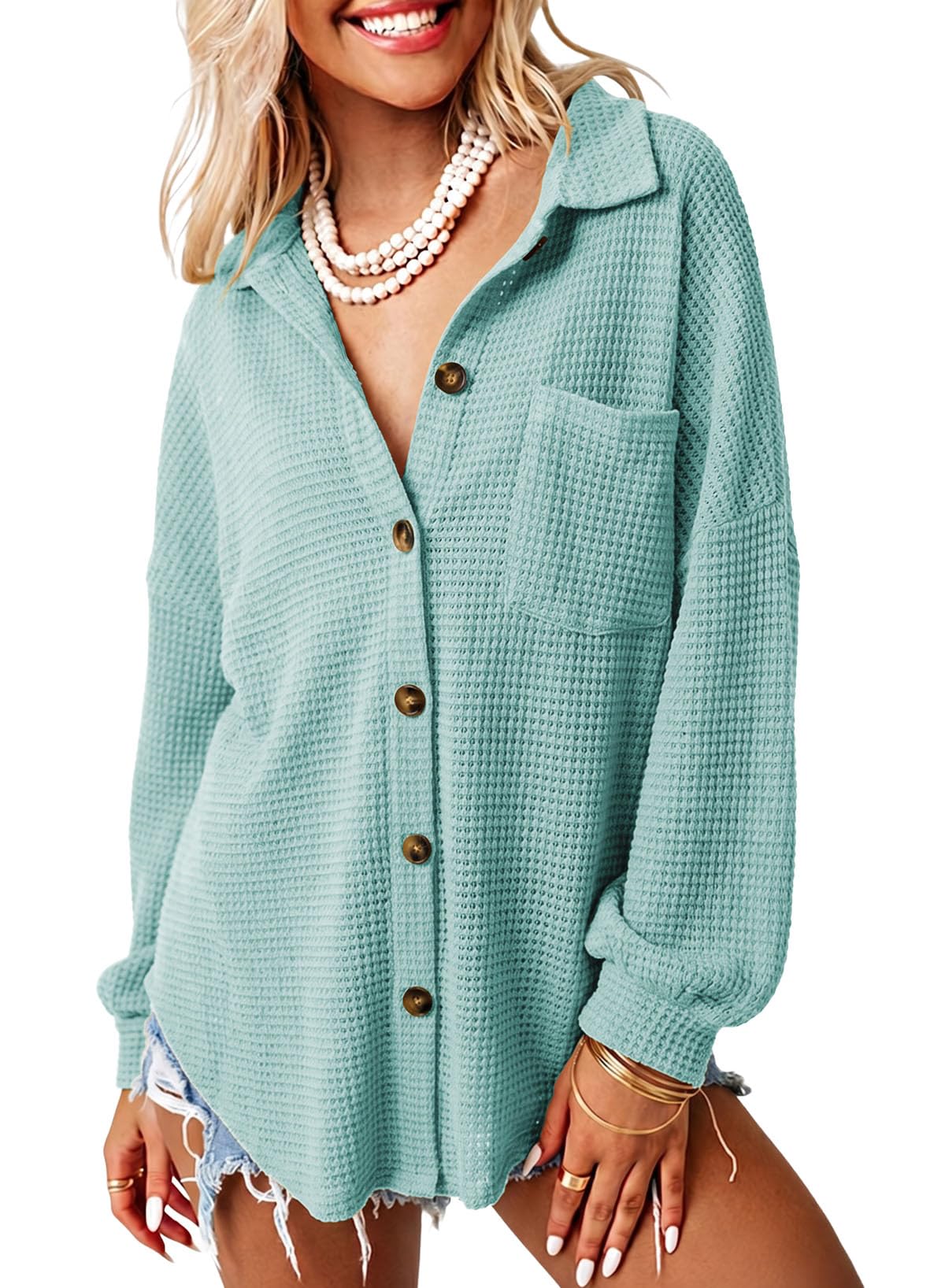 Dokotoo Womens Waffle Knit Shacket Jacket Casual Button Down Shirts Tops