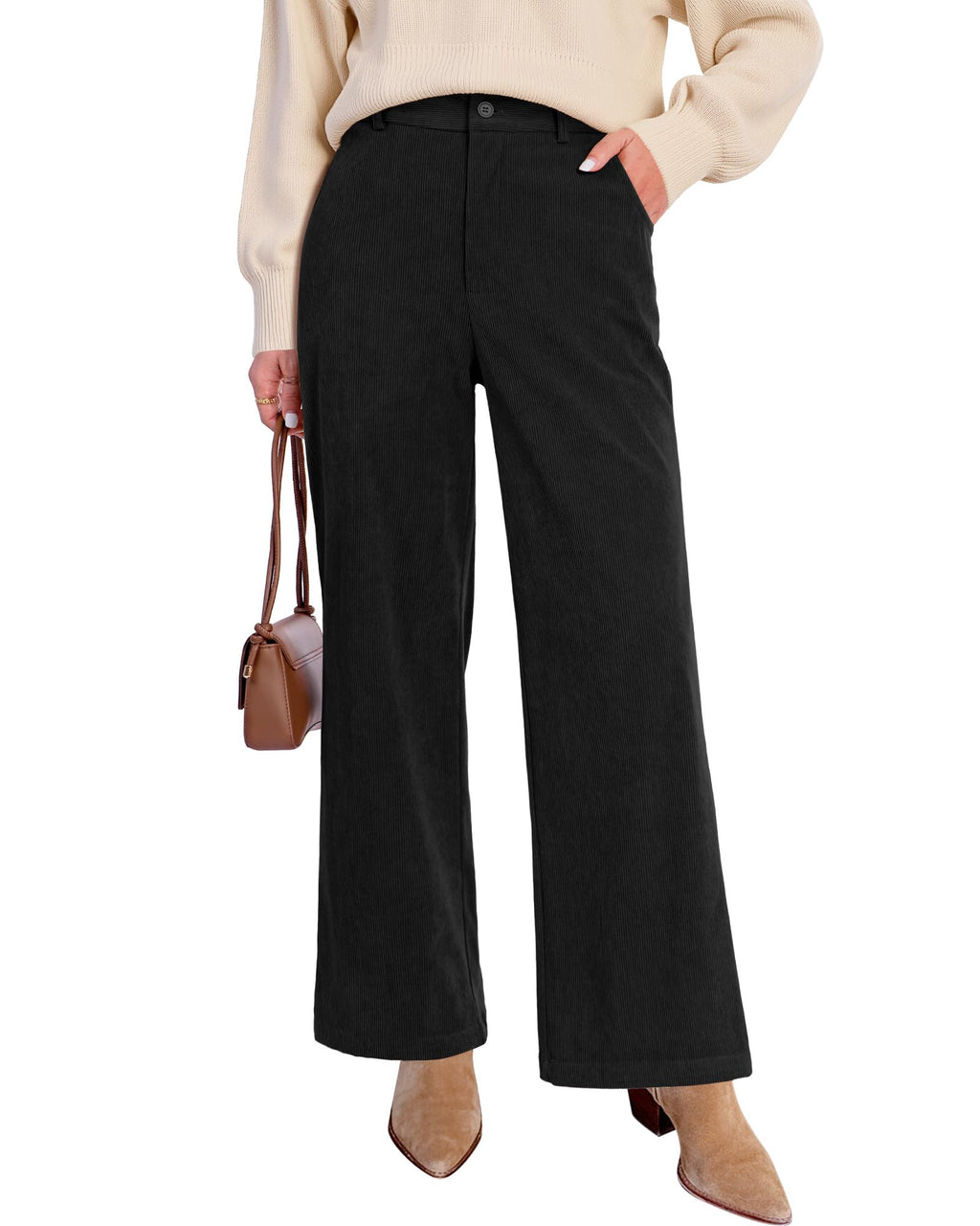 GRAPENT Corduroy Wide Leg Pants Woman High Waisted Fall Business Casual Elastic Waist Loose Trendy Trousers with Pockets