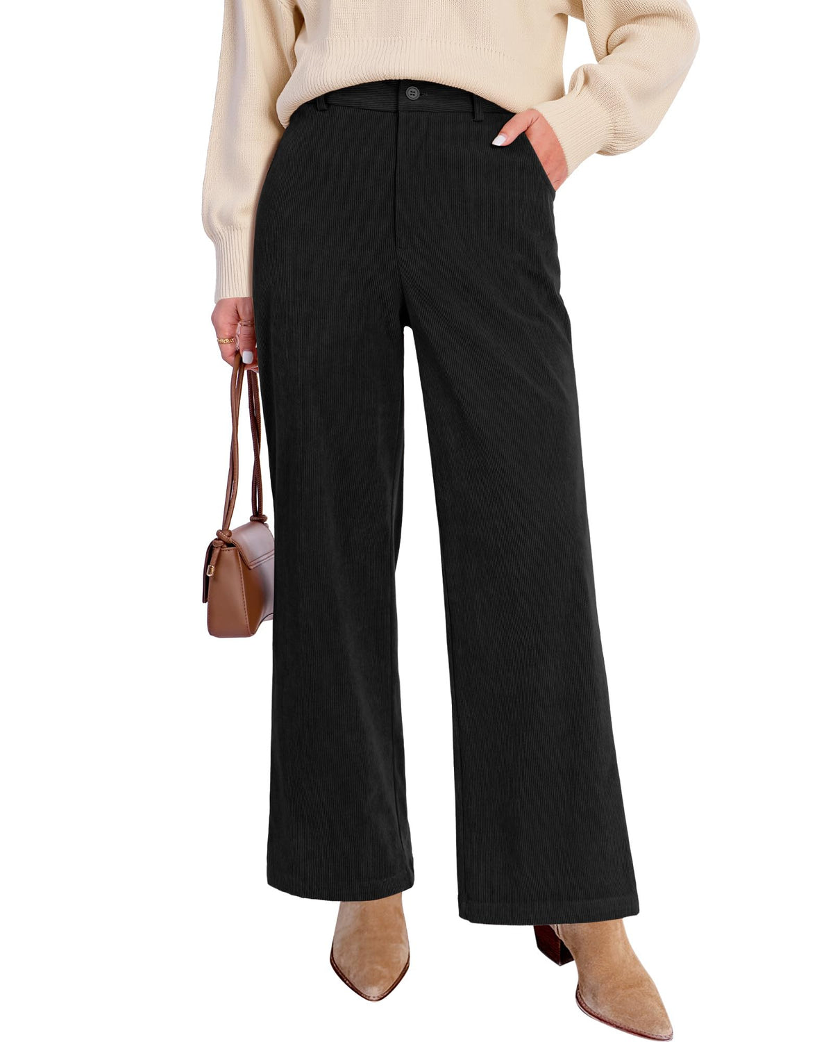 GRAPENT Corduroy Wide Leg Pants Woman High Waisted Fall Business Casual Elastic Waist Loose Trendy Trousers with Pockets