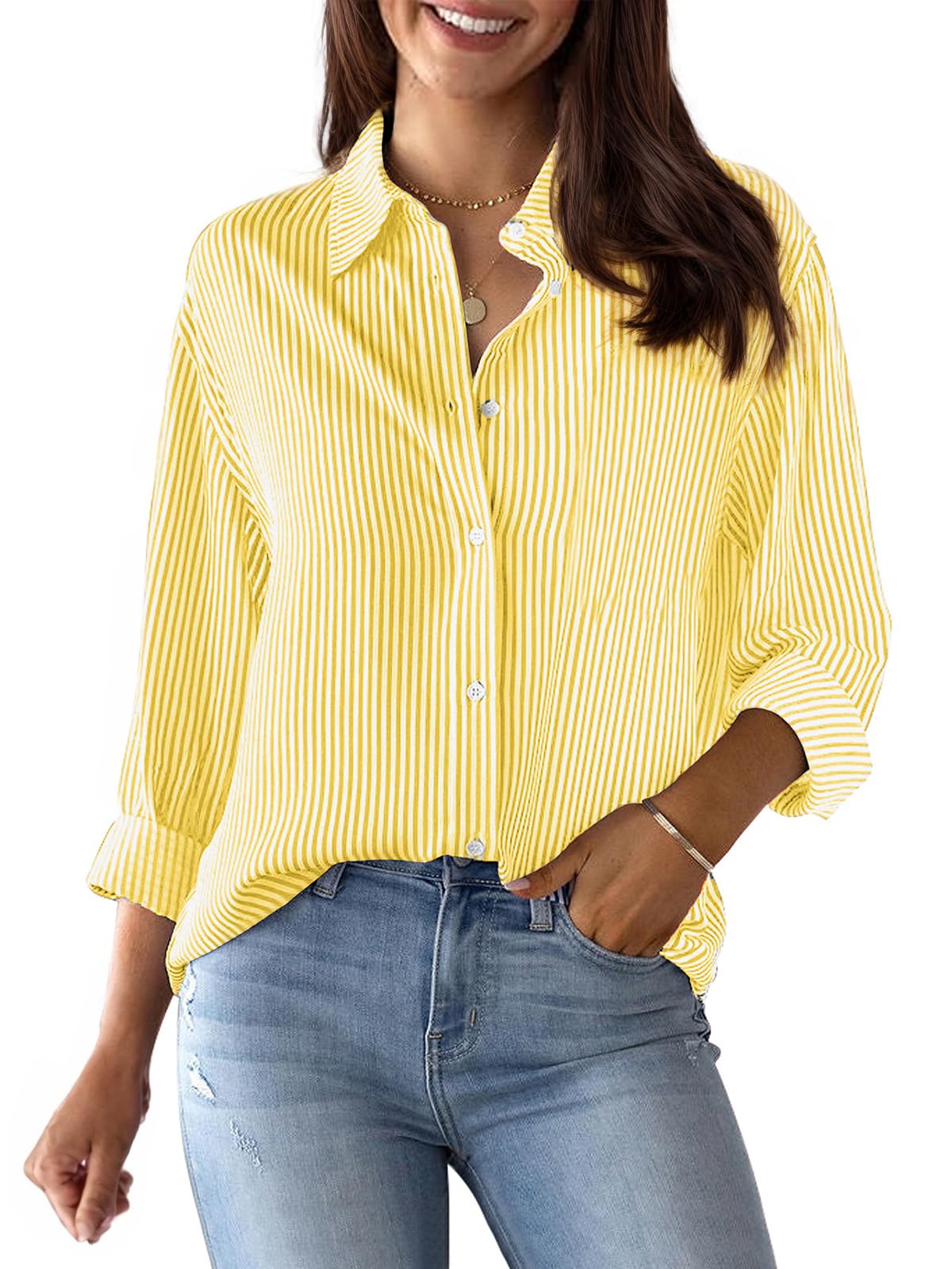 siliteelon Striped Button Down Shirts Women Cotton Long Sleeve Work Blouses