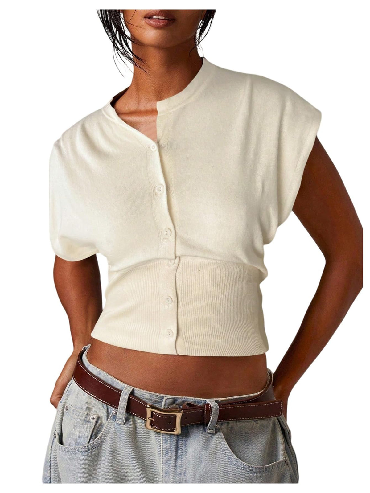 SHENHE Women's Cap Sleeve Button Up Sweater Sleeveless Knit Vest Crop Top