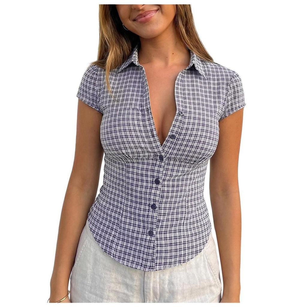 Women Short Sleeve Plaid Button Up Shirt Y2K Button Down Collared Blouse Summer Vintage Slim Fit Gingham Top