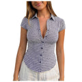Women Short Sleeve Plaid Button Up Shirt Y2K Button Down Collared Blouse Summer Vintage Slim Fit Gingham Top