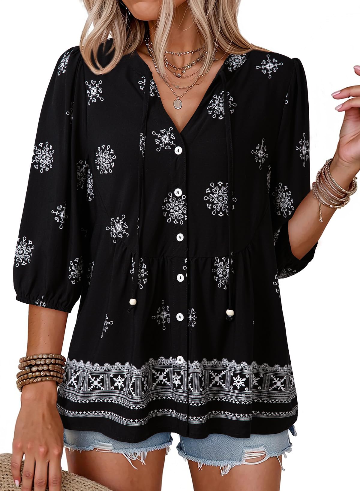 Dokotoo Womens Tops Boho Button Down V Neck Peplum Babydoll Blouses Shirts
