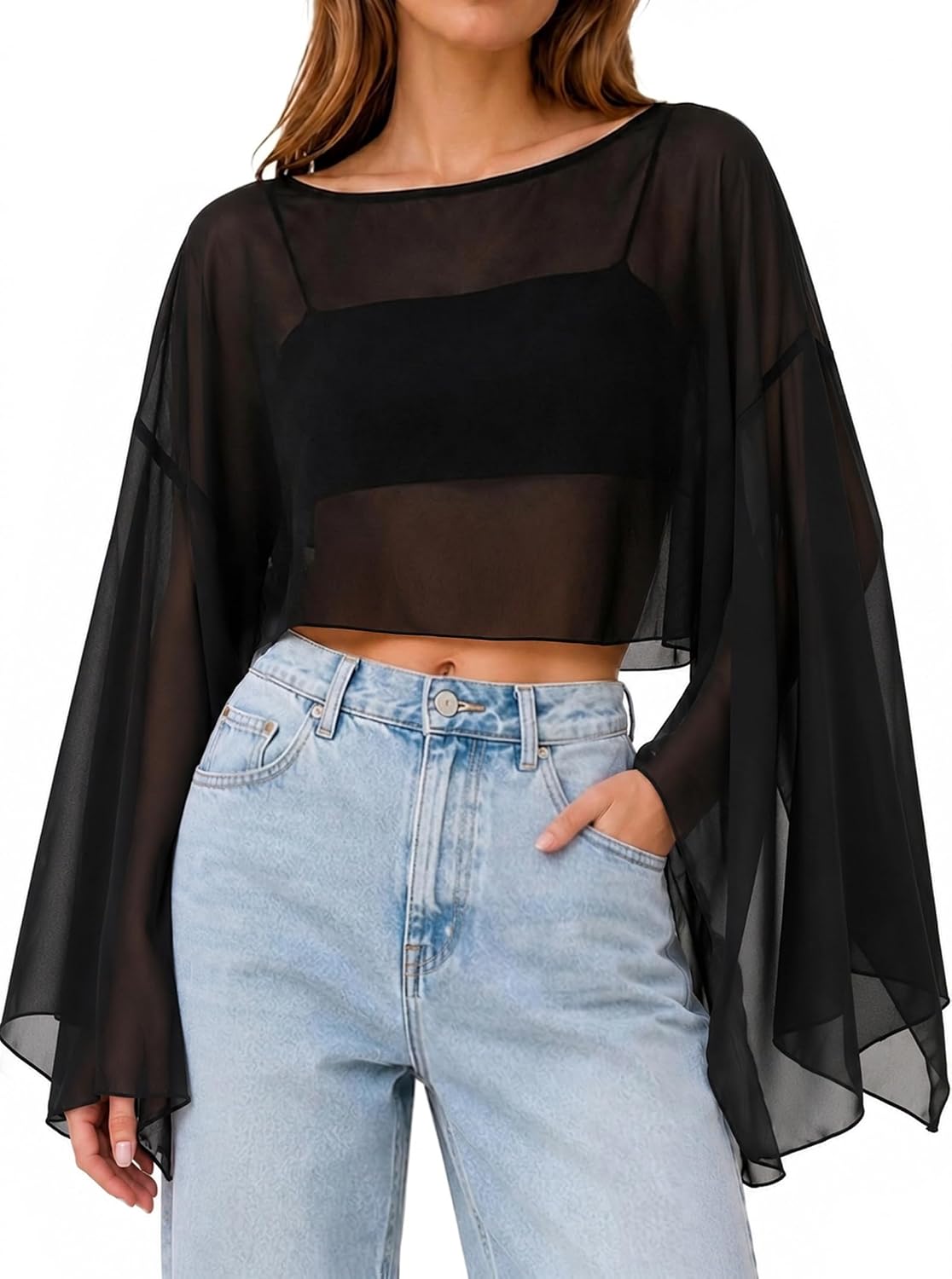 Avanova Women Boat Neck Sheer Mesh Crop Top Bell Long Sleeve Tops