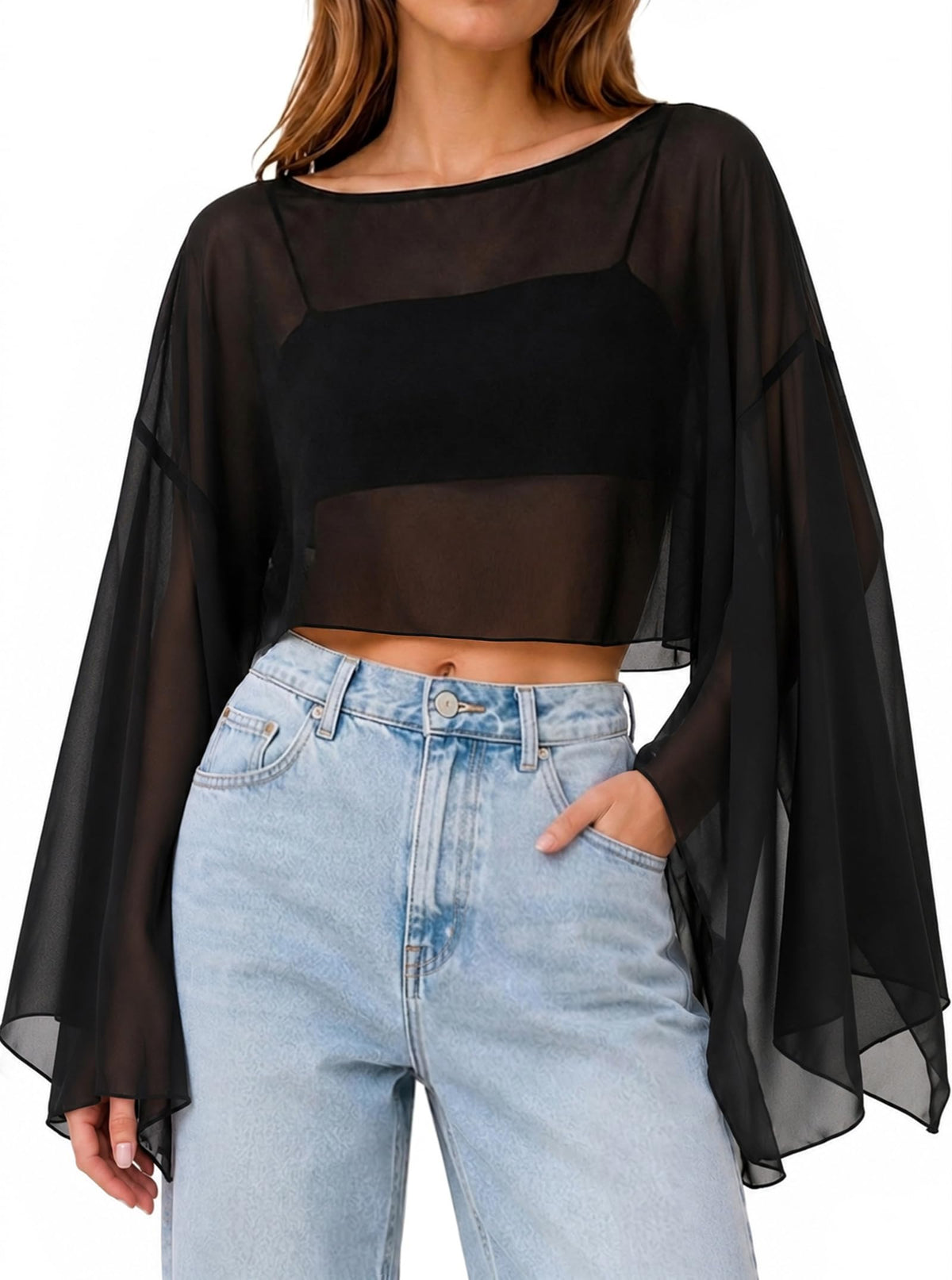 Avanova Women Boat Neck Sheer Mesh Crop Top Bell Long Sleeve Tops