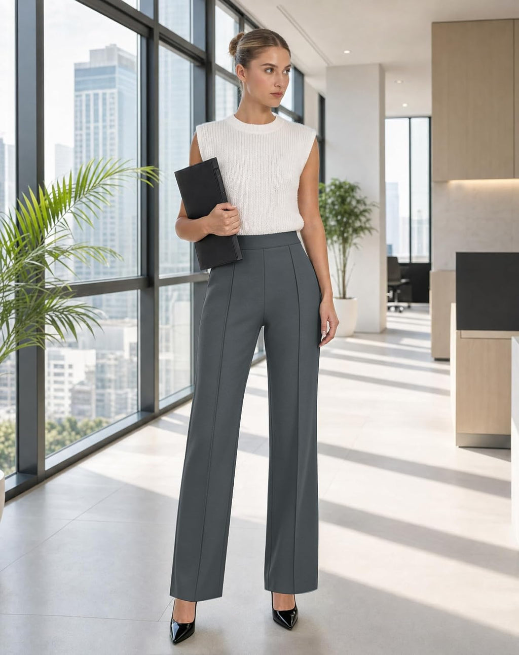JEKAOYI Womens Straight Leg Dress Work Pants High Waist Stretchy Business Casual Pants Office Trousers Slacks