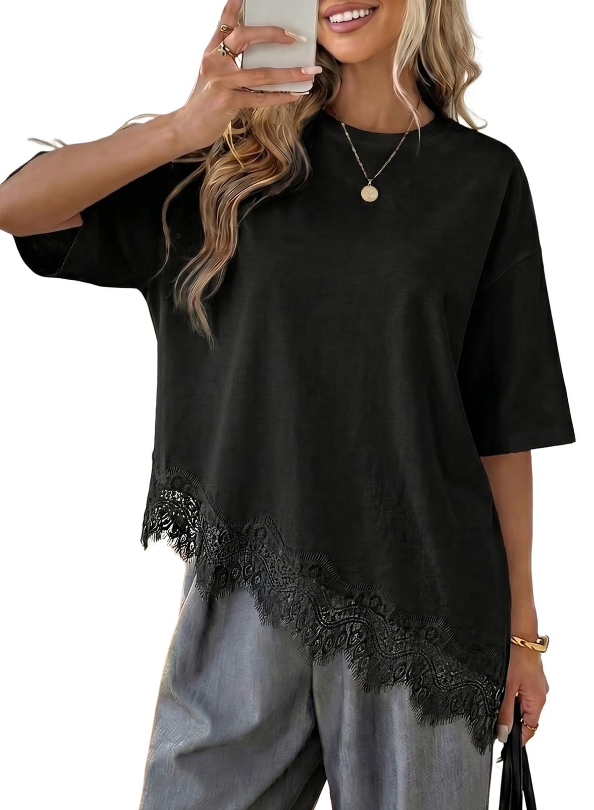 LOLONG Women Casual Crew Neck Half Sleeve Shirts Asymmetrical Lace Hem Tops