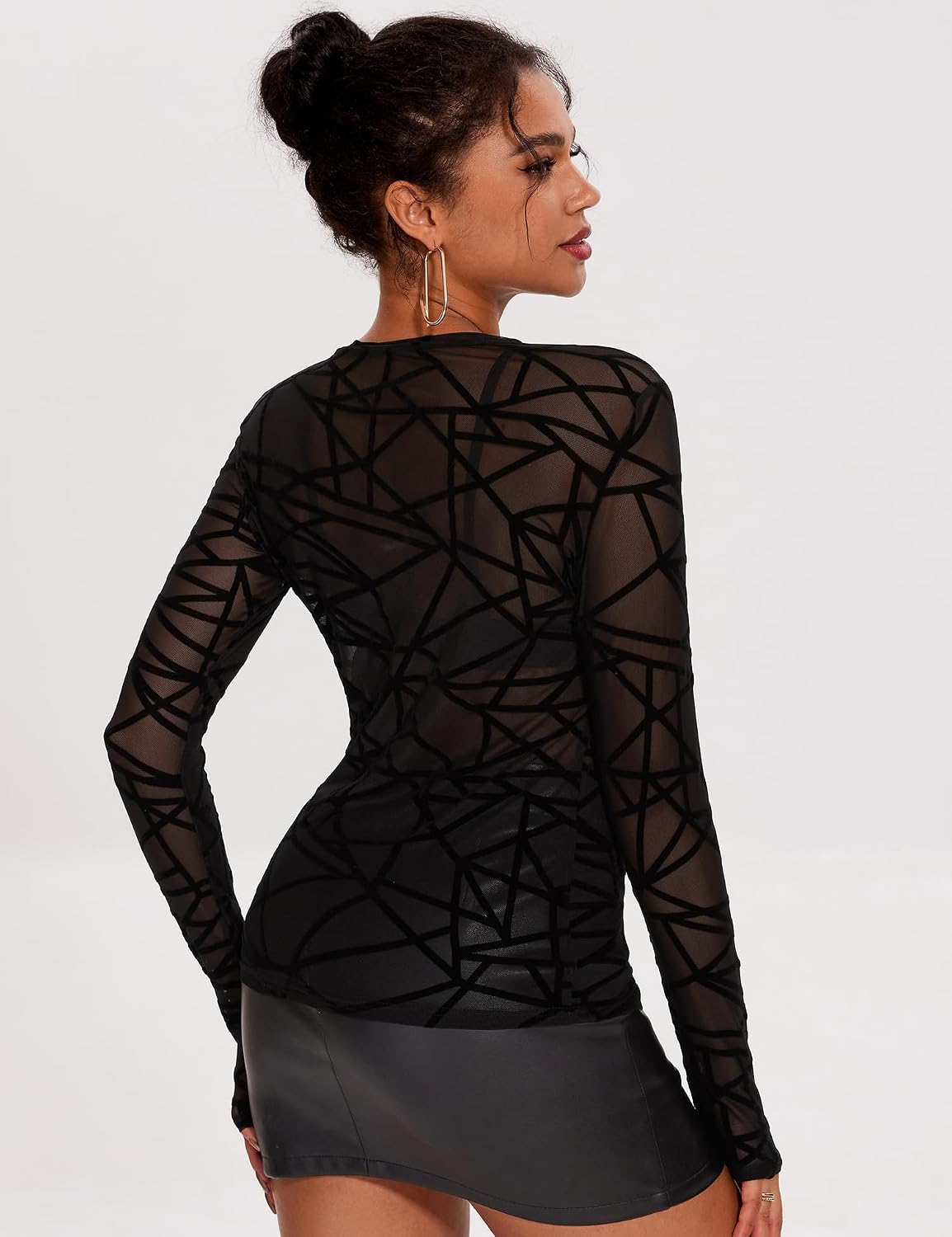 AKEWEI Womens Mesh Long Sleeve Tops Crew Neck Sexy See Through Tee Shirts Party Club Night Lace Blouse