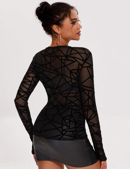 AKEWEI Womens Mesh Long Sleeve Tops Crew Neck Sexy See Through Tee Shirts Party Club Night Lace Blouse