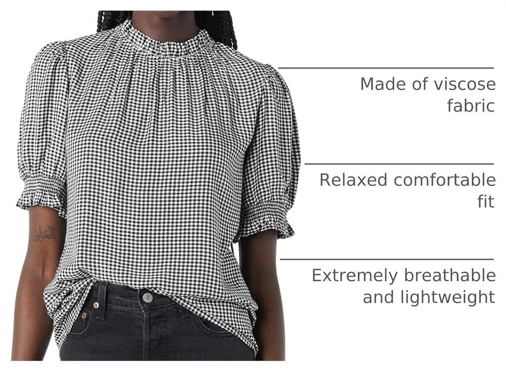 Amazon Essentials Women's Fluid Twill Short Puff Sleeve Ruffle Smocked Shirt