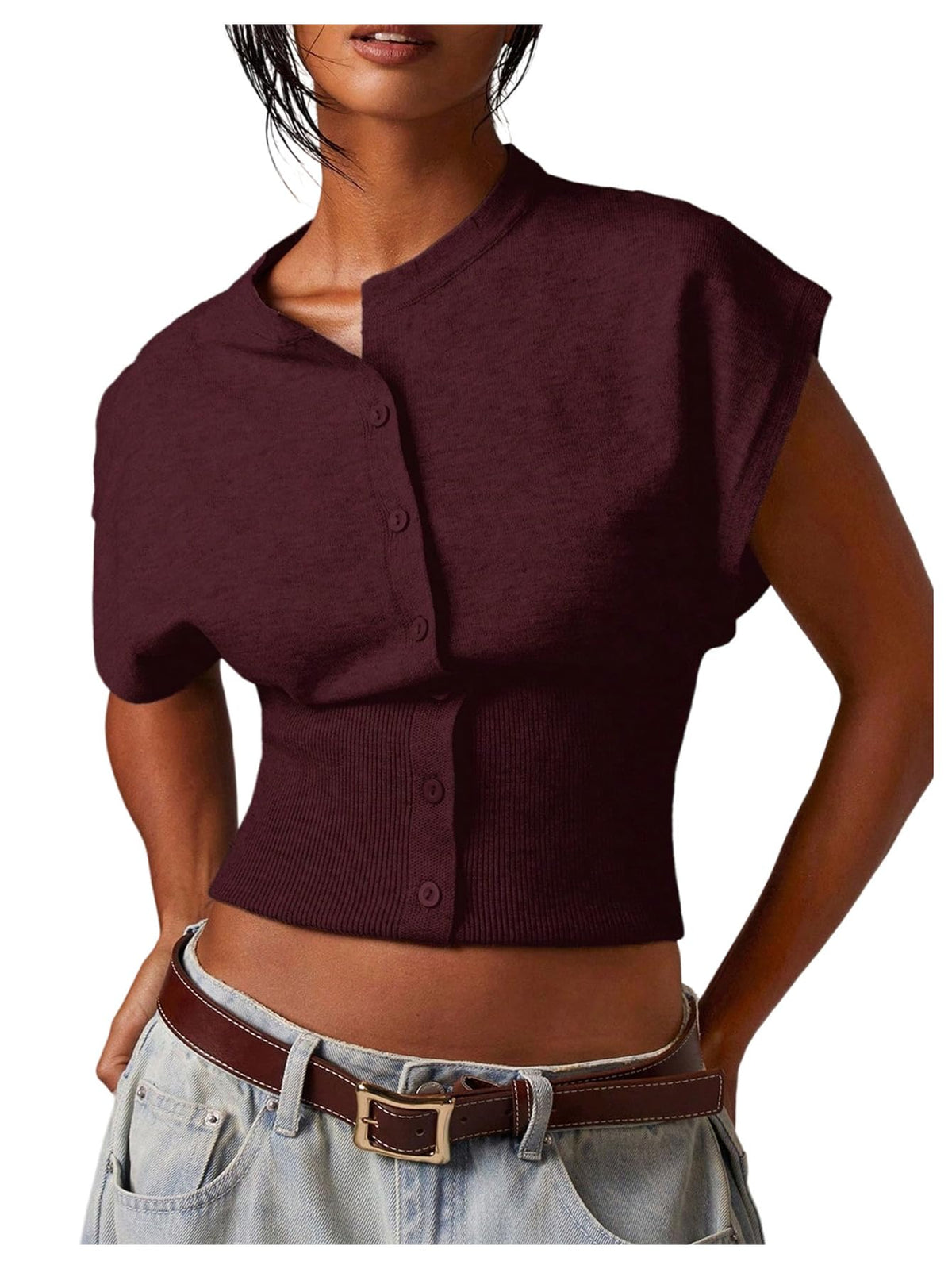 SHENHE Women's Cap Sleeve Button Up Sweater Sleeveless Knit Vest Crop Top